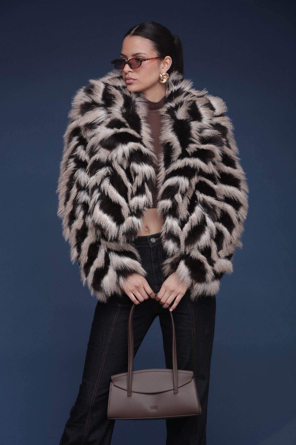 Chevron faux fur cropped double-breasted button front dark brown and cream coat with side pockets - Cute women's coats by Avec Les Filles