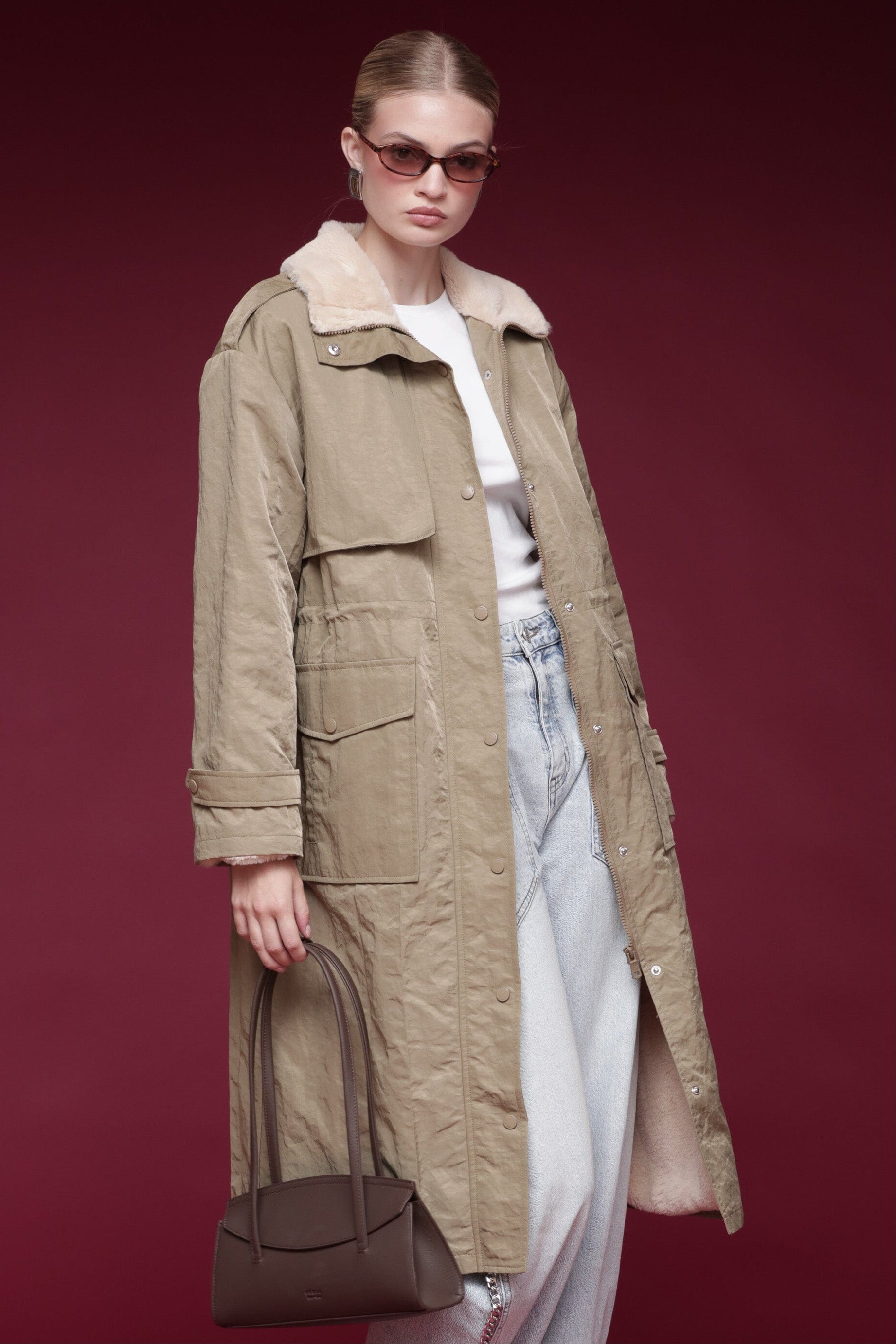 Faux-lined nylon beige parka coat with long sleeves, drawcord waist and a stand collar - Shop designer coats by Avec Les Filles