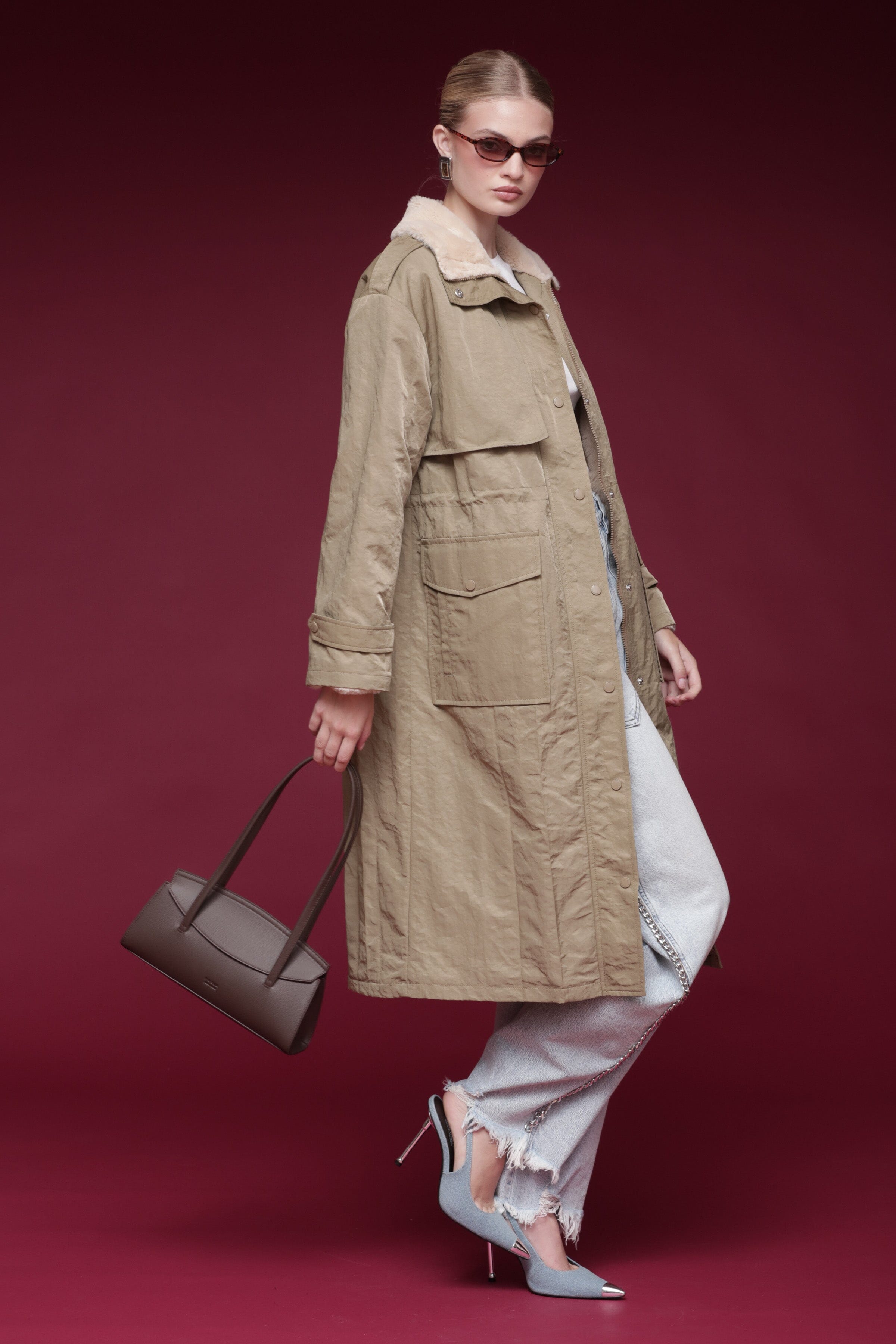 Faux-lined nylon beige parka coat with long sleeves, drawcord waist and a stand collar - Shop designer coats by Avec Les Filles