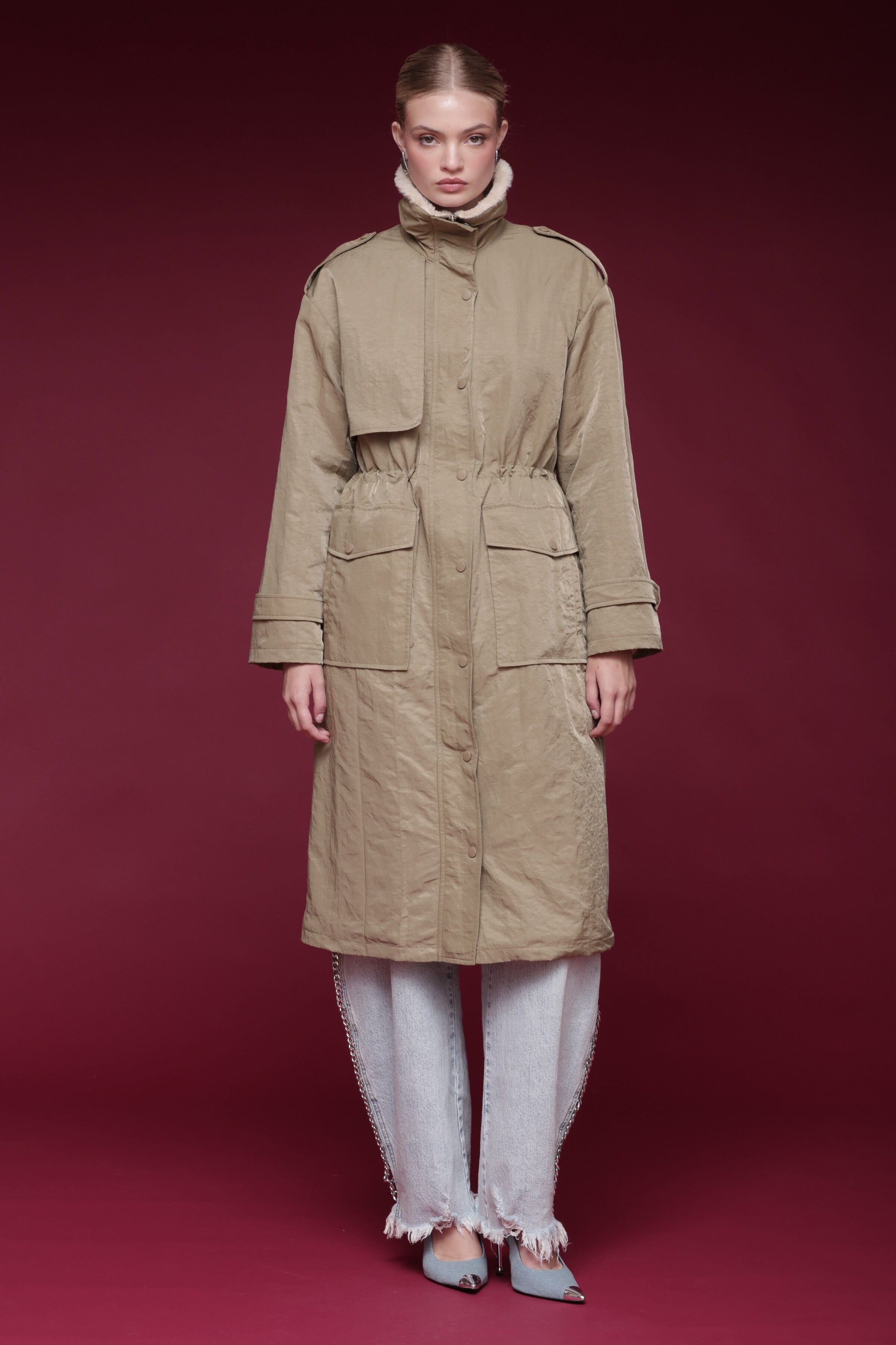 Faux-lined nylon beige parka coat with long sleeves, drawcord waist and a stand collar - Shop designer coats by Avec Les Filles
