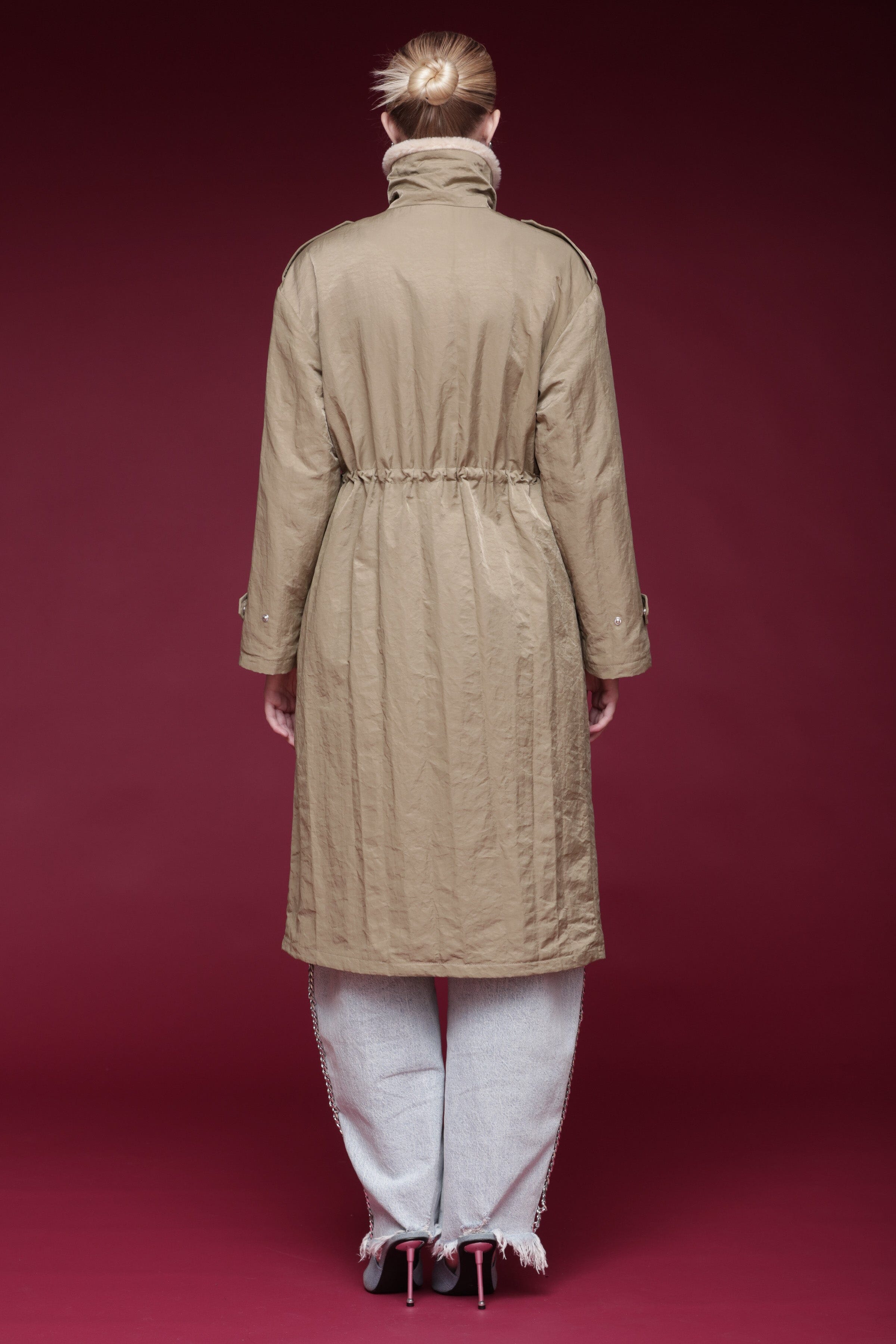 Faux-lined nylon beige parka coat with long sleeves, drawcord waist and a stand collar - Shop designer coats by Avec Les Filles
