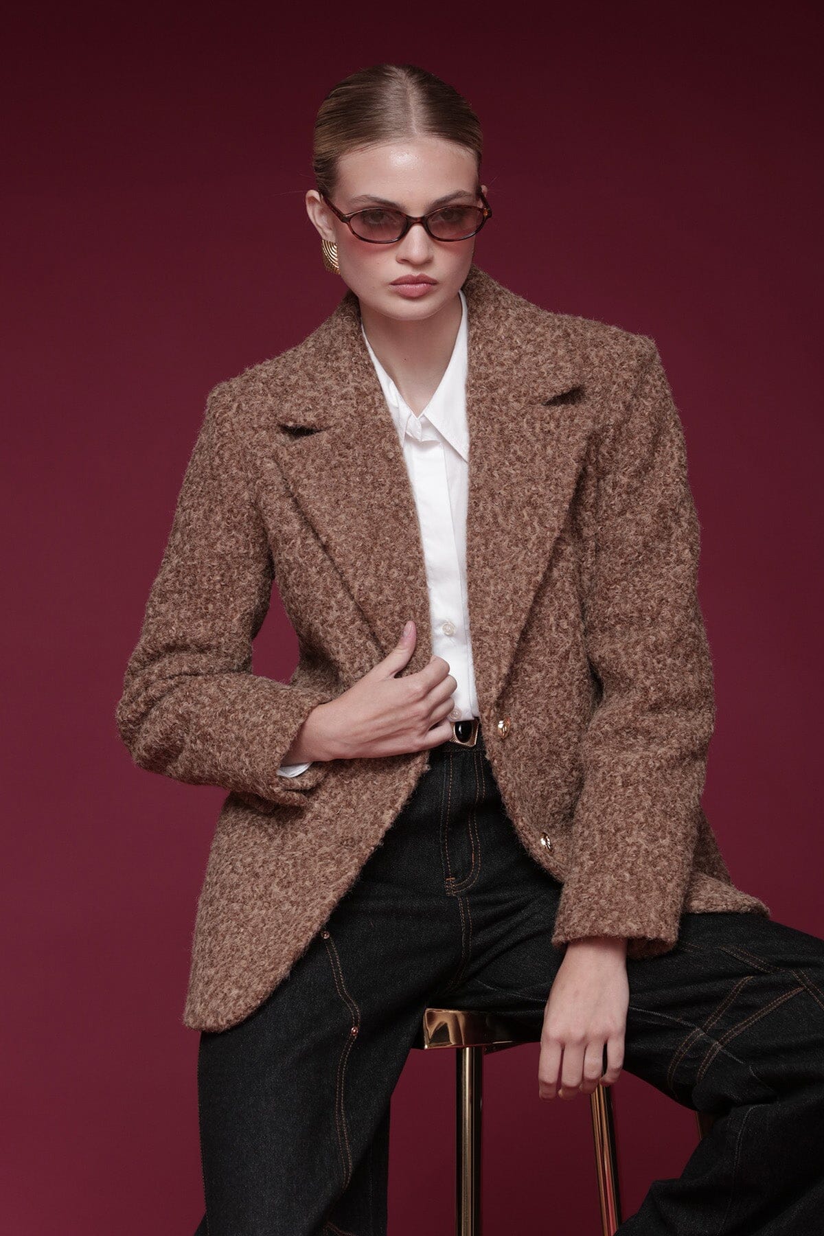 Textured faux mohair button front camel blazer jacket with notched collar and flap pockets - Cute women's blazers by Avec Les Filles