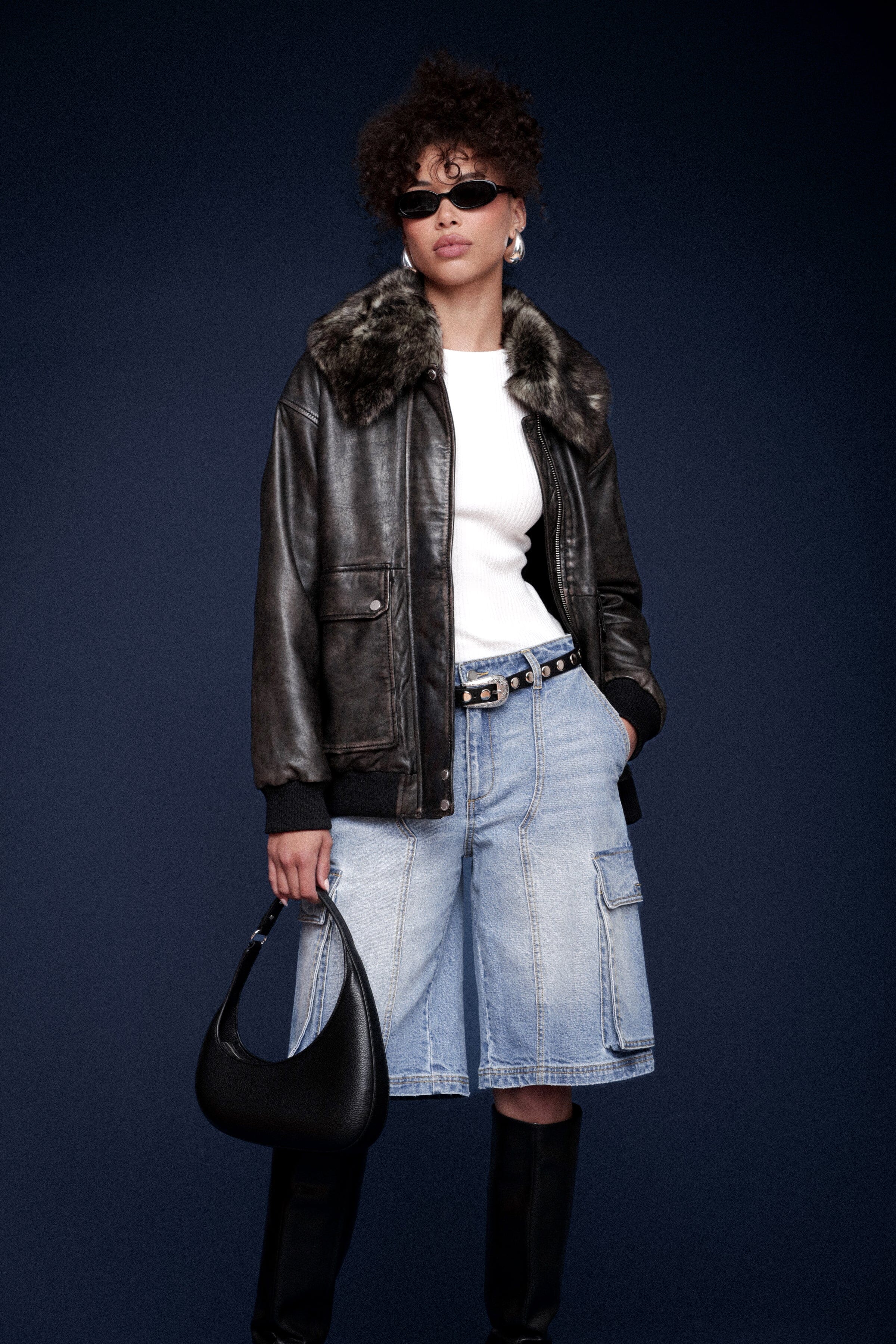 Shearling Collared Genuine Leather Bomber Jacket Coats & Jackets Avec Les Filles Washed Black XS 