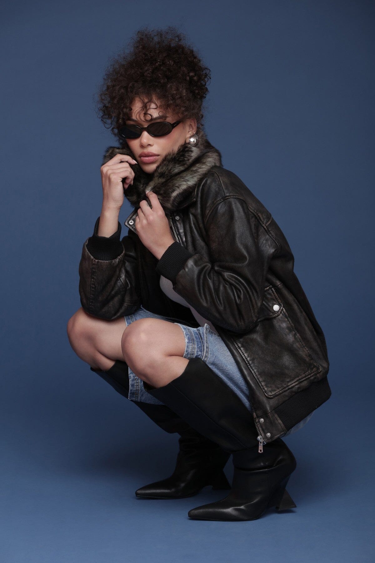 Shearling collared genuine leather black bomber jacket with zip-front closure and flap pockets - Shop women's jackets by Avec Les Filles