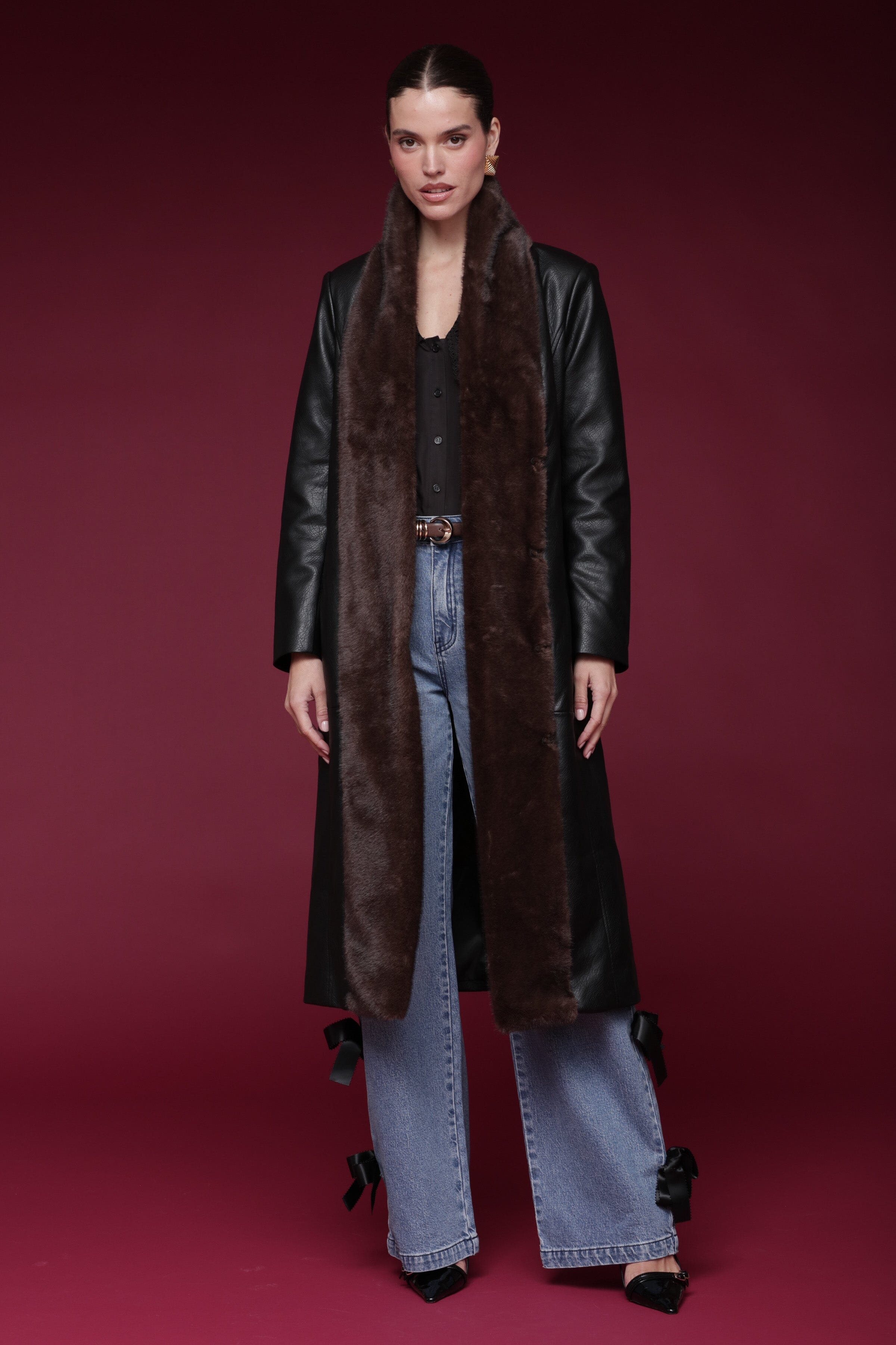 Fur-trimmed faux leather black wrap coat with a wide faux fur shawl collar, self-tie belt, and side pockets - Shop designer long wrap coats by Avec Les Filles