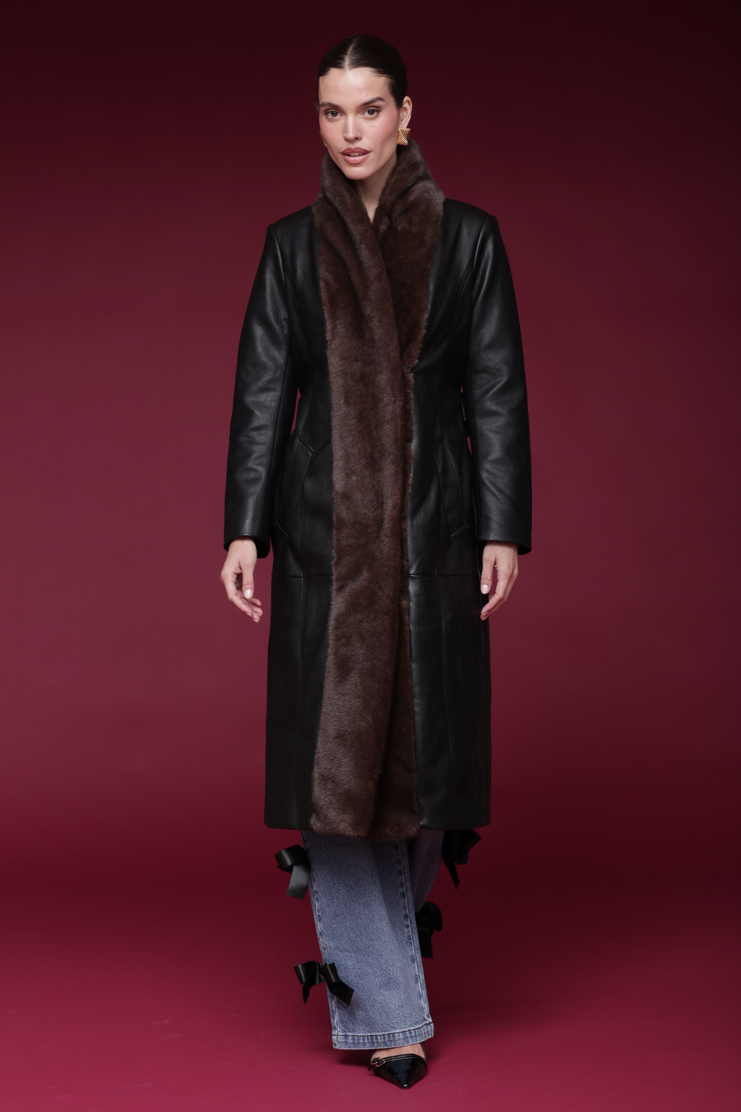 Fur-trimmed faux leather black wrap coat with a wide faux fur shawl collar, self-tie belt, and side pockets - Shop designer long wrap coats by Avec Les Filles