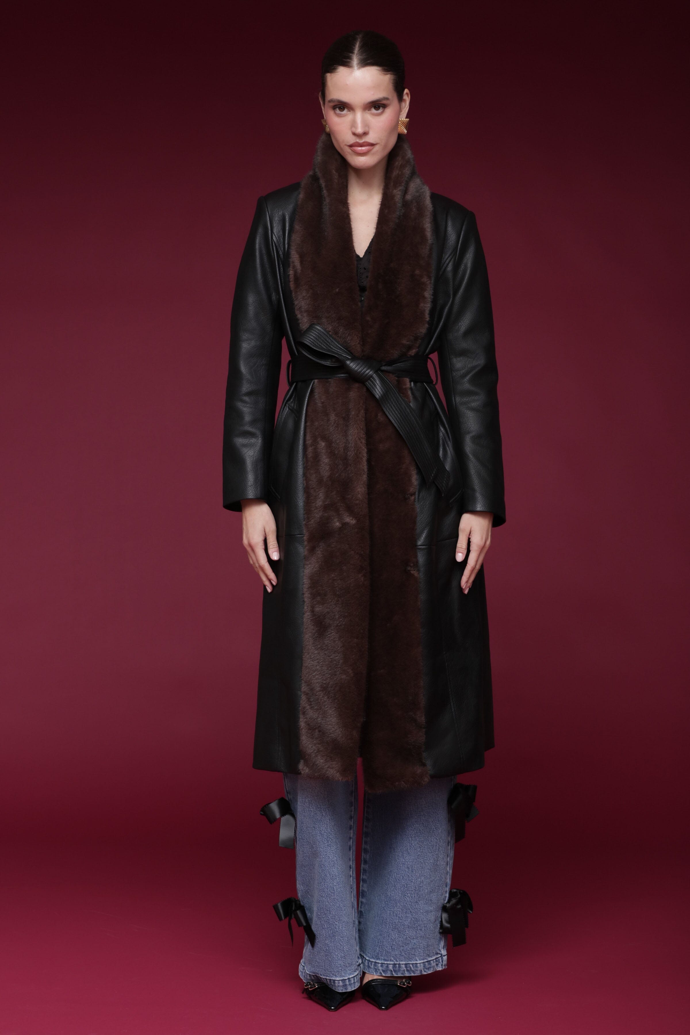 Fur-trimmed faux leather black wrap coat with a wide faux fur shawl collar, self-tie belt, and side pockets - Shop designer long wrap coats by Avec Les Filles