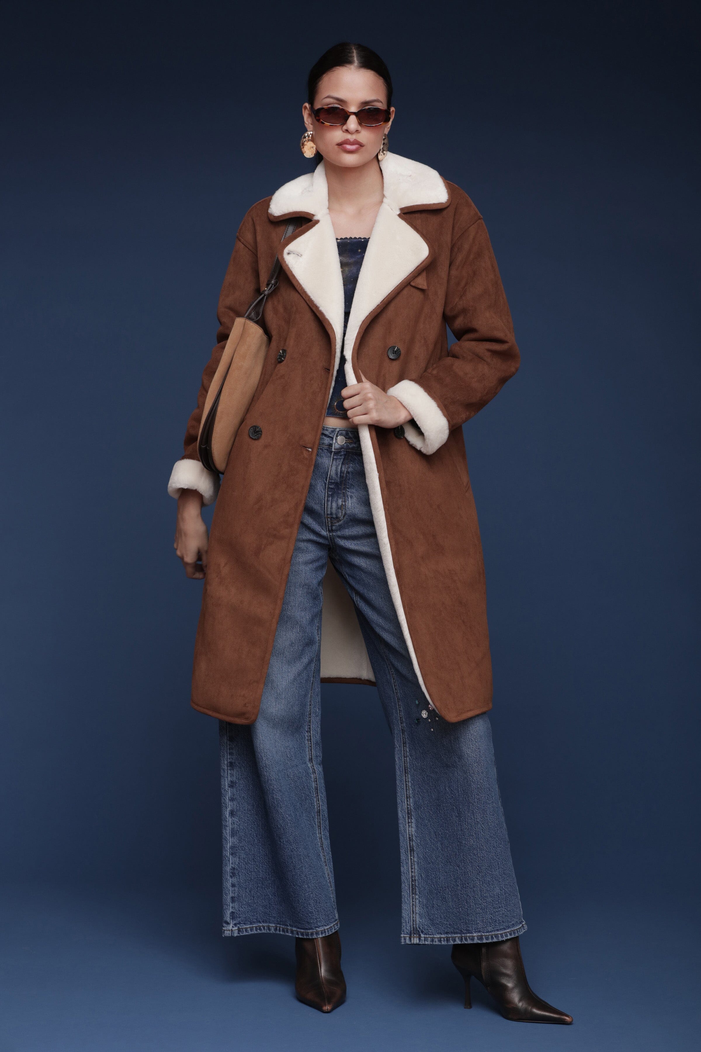 Brown and cream faux suede shearling double-breasted coat with a tie belt and oversized notched lapels - Shop cute women’s coats by Avec Les Filles