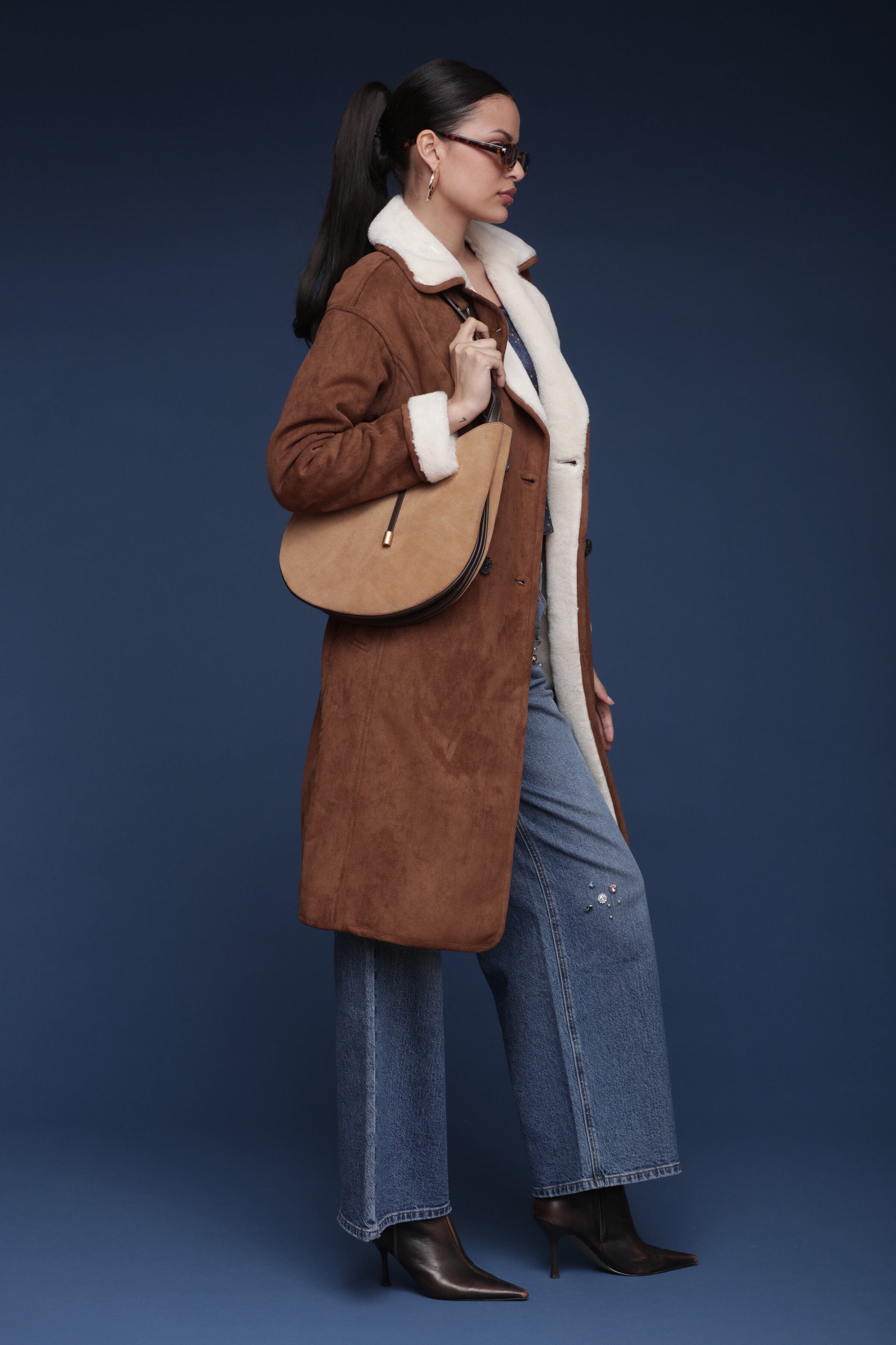 Brown and cream faux suede shearling double-breasted coat with a tie belt and oversized notched lapels - Shop cute women’s coats by Avec Les Filles