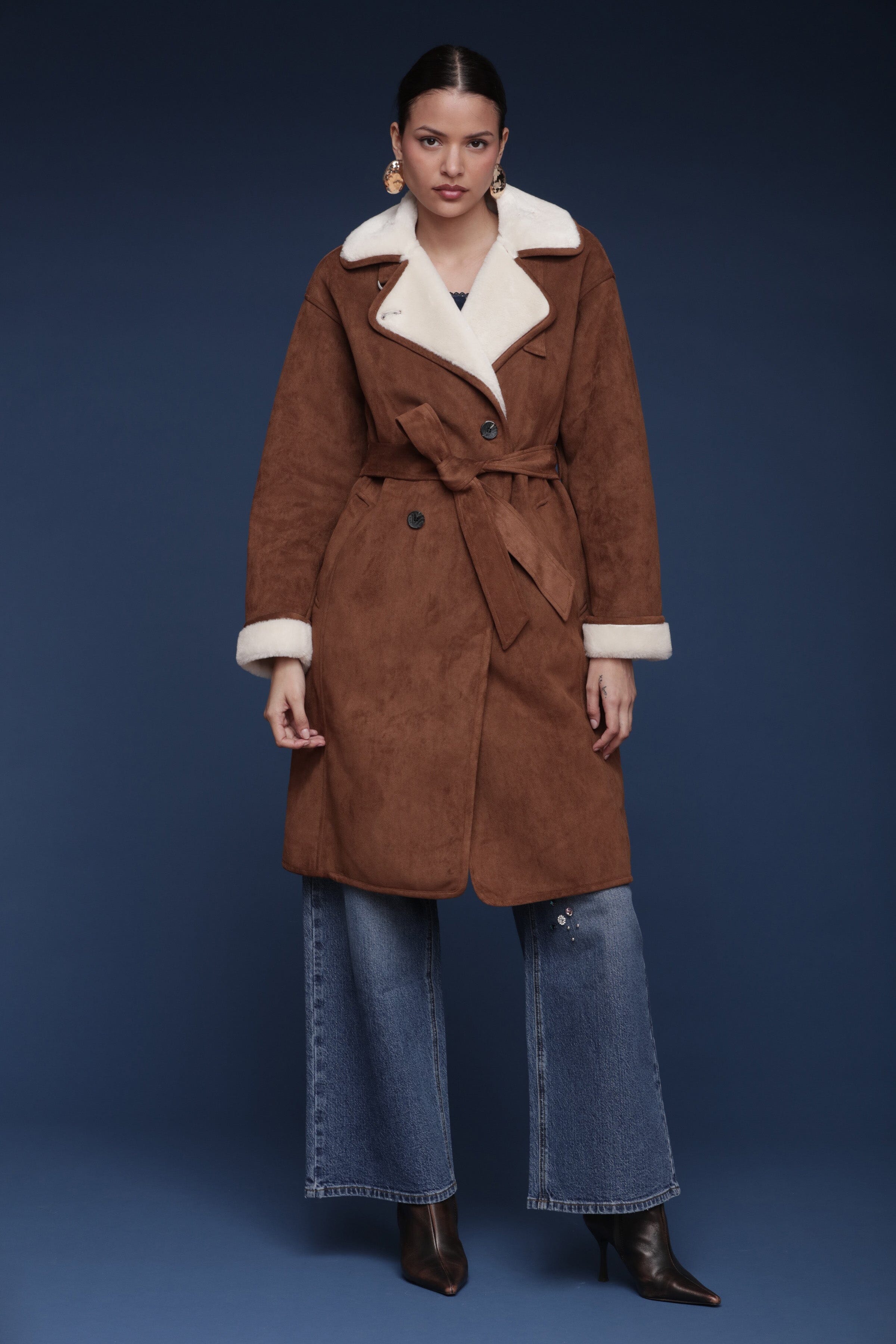 Brown and cream faux suede shearling double-breasted coat with a tie belt and oversized notched lapels - Shop cute women’s coats by Avec Les Filles