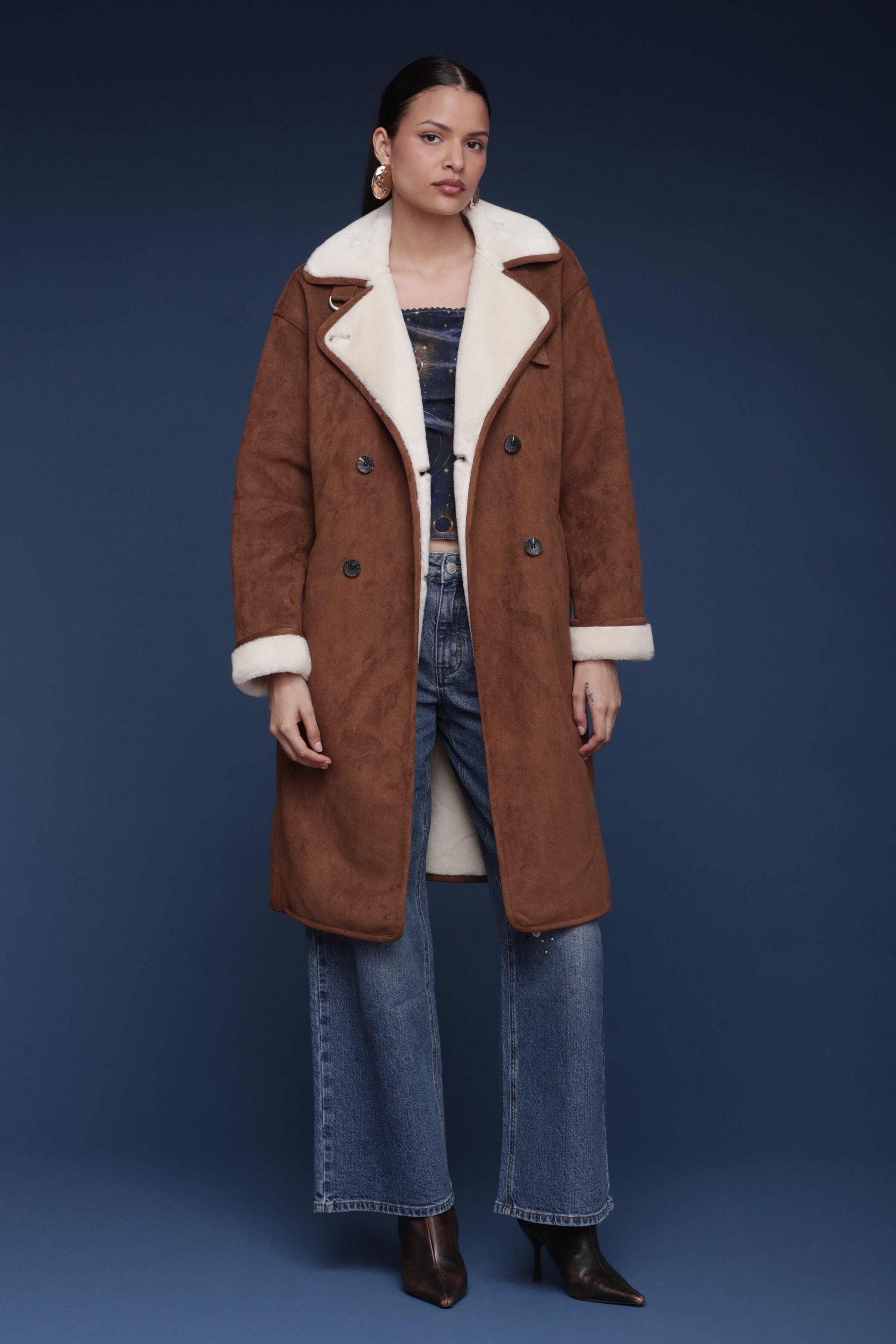 Brown and cream faux suede shearling double-breasted coat with a tie belt and oversized notched lapels - Shop cute women’s coats by Avec Les Filles