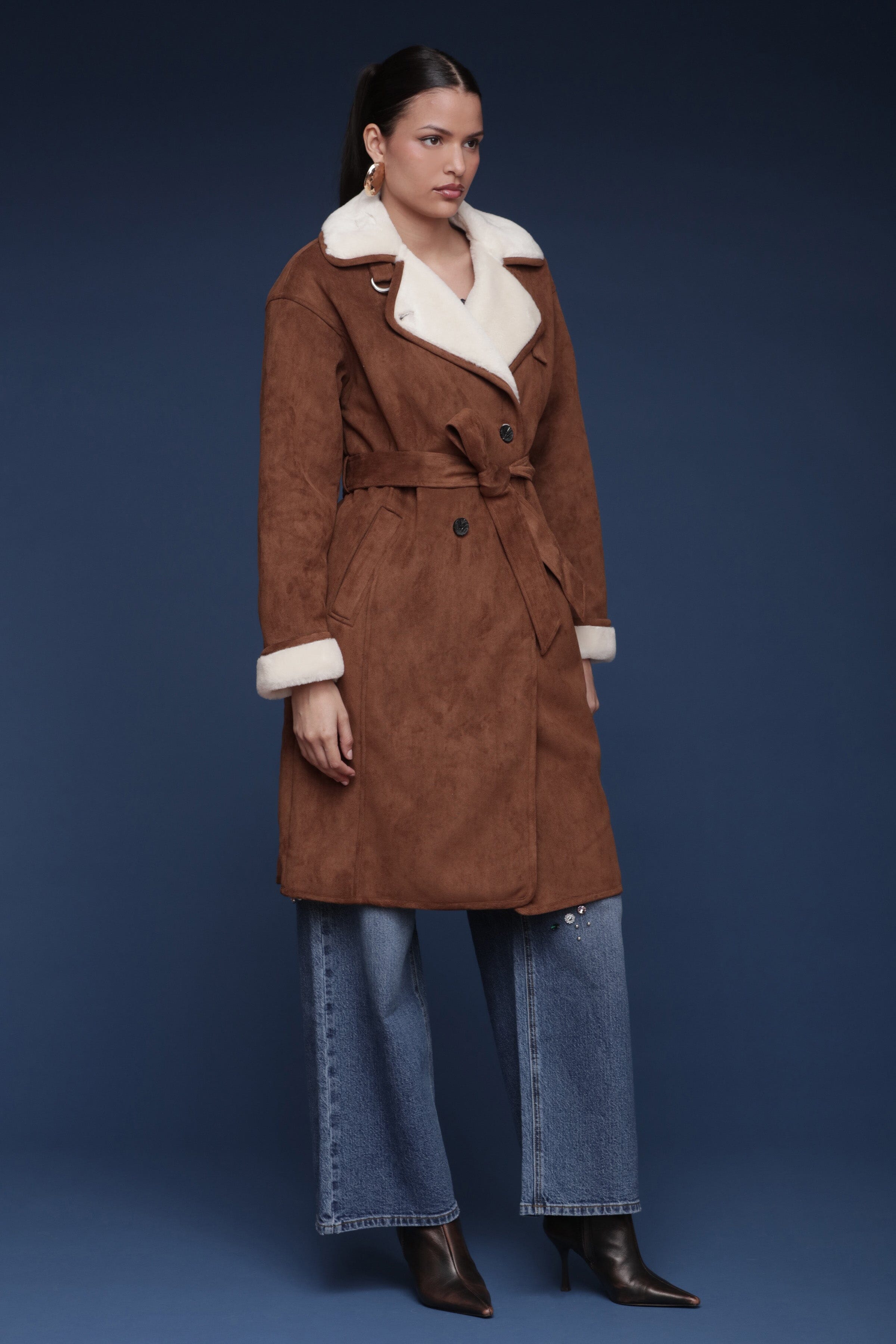 Brown and cream faux suede shearling double-breasted coat with a tie belt and oversized notched lapels - Shop cute women’s coats by Avec Les Filles