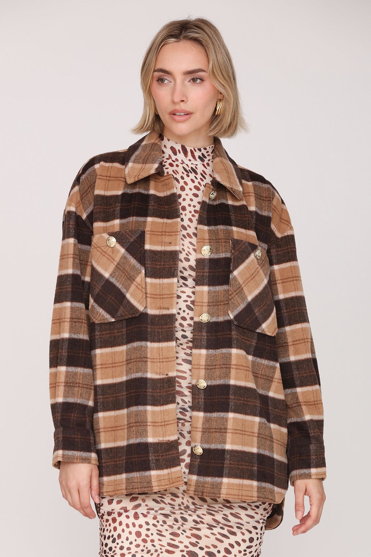 Brown beige plaid wool blend oversized button-front shacket with point collar and drop-shoulders - Cute women's shackets by Avec Les Filles