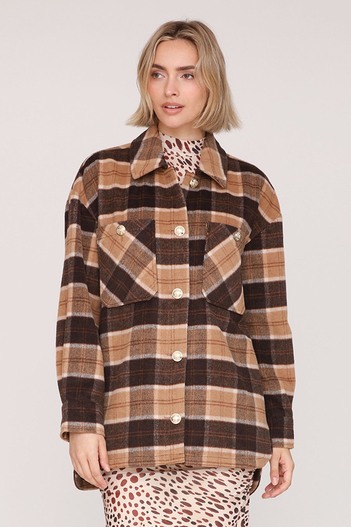 Brown beige plaid wool blend oversized button-front shacket with point collar and drop-shoulders - Cute women's shackets by Avec Les Filles