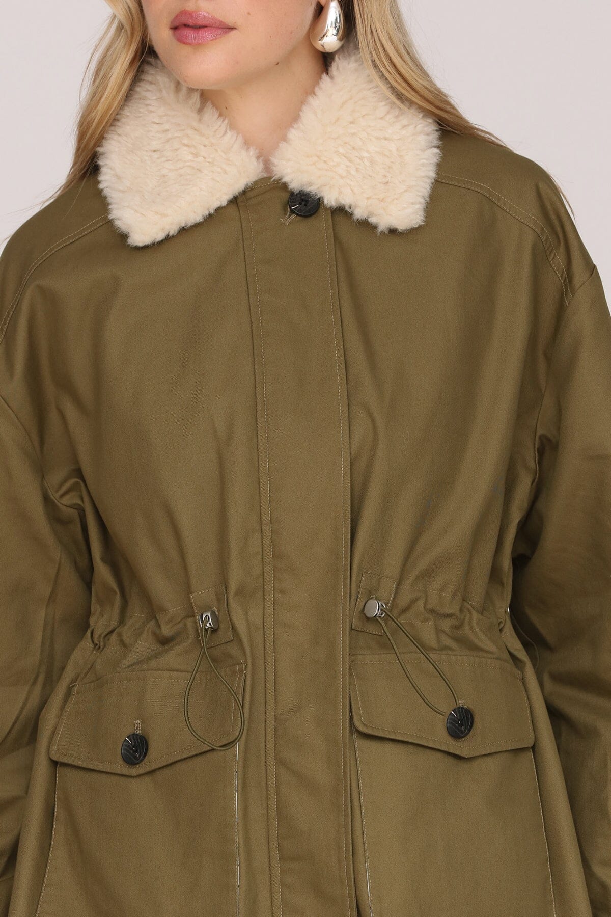Faux fur collared army green cotton parka jacket with leopard print lining and adjustable drawcord waist - Cute women's jackets by Avec Les Filles