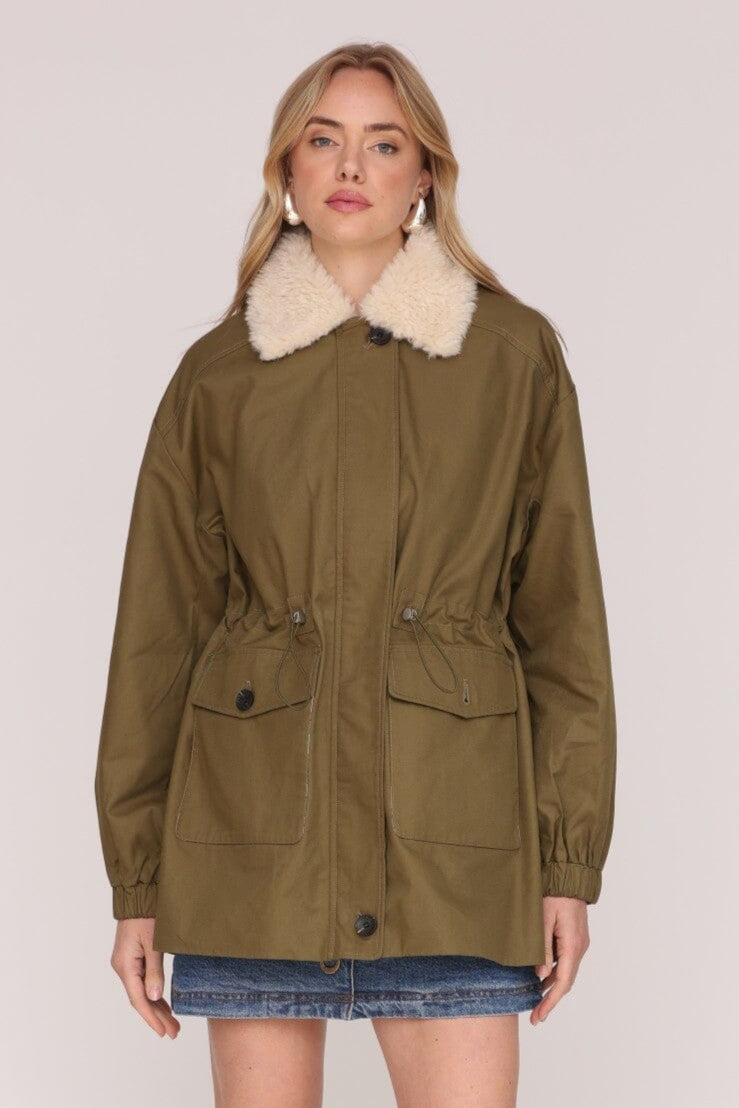 Faux fur collared army green cotton parka jacket with leopard print lining and adjustable drawcord waist - Cute women's jackets by Avec Les Filles