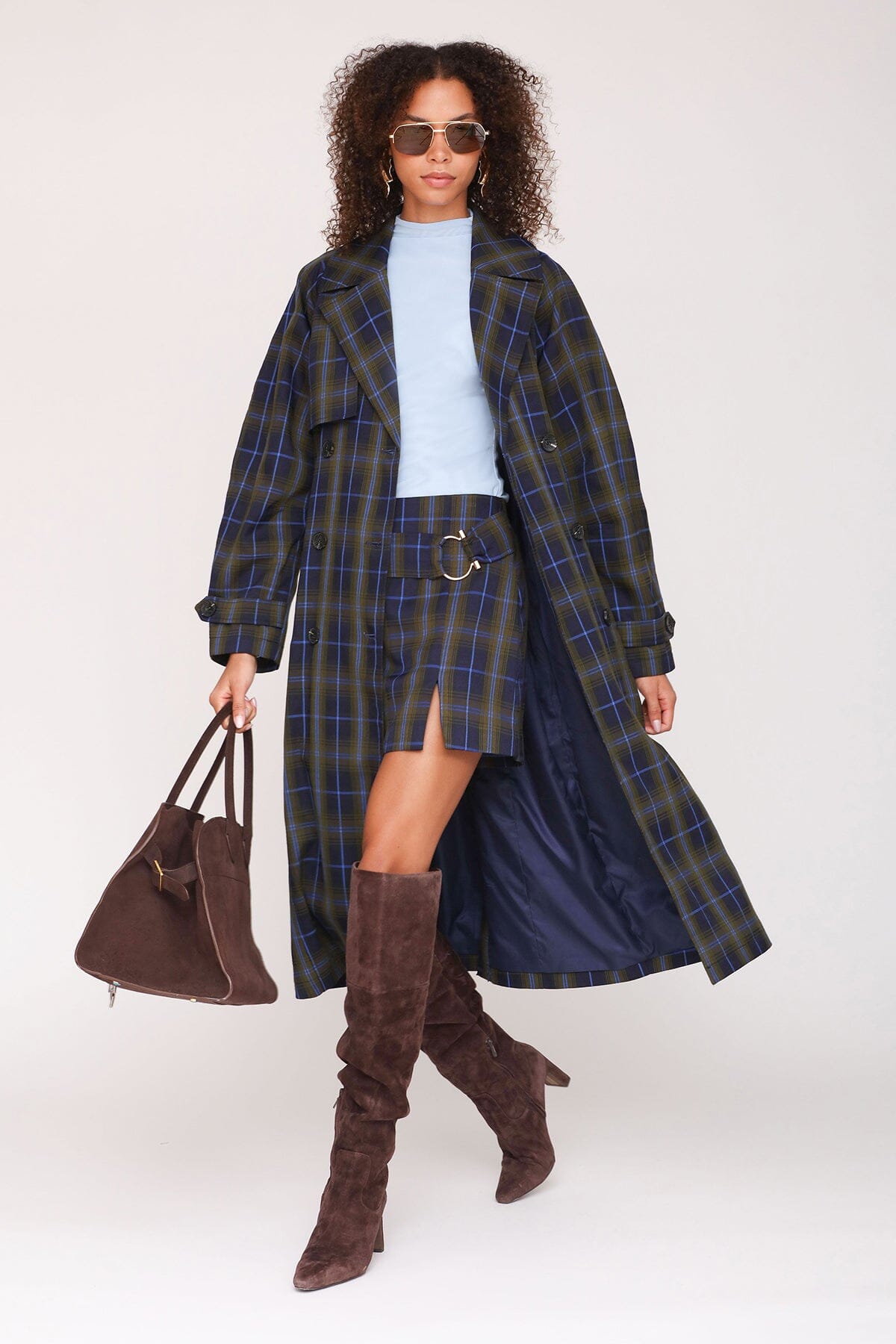 Heritage navy green plaid double-breasted trench coat with raglan sleeves and waist tie belt - Cute women's long trench coats by Avec Les Filles
