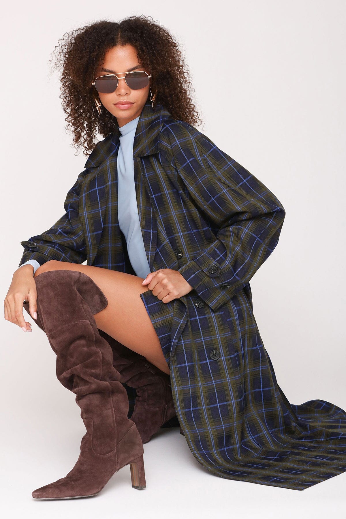 Heritage navy green plaid double-breasted trench coat with raglan sleeves and waist tie belt - Cute women's long trench coats by Avec Les Filles