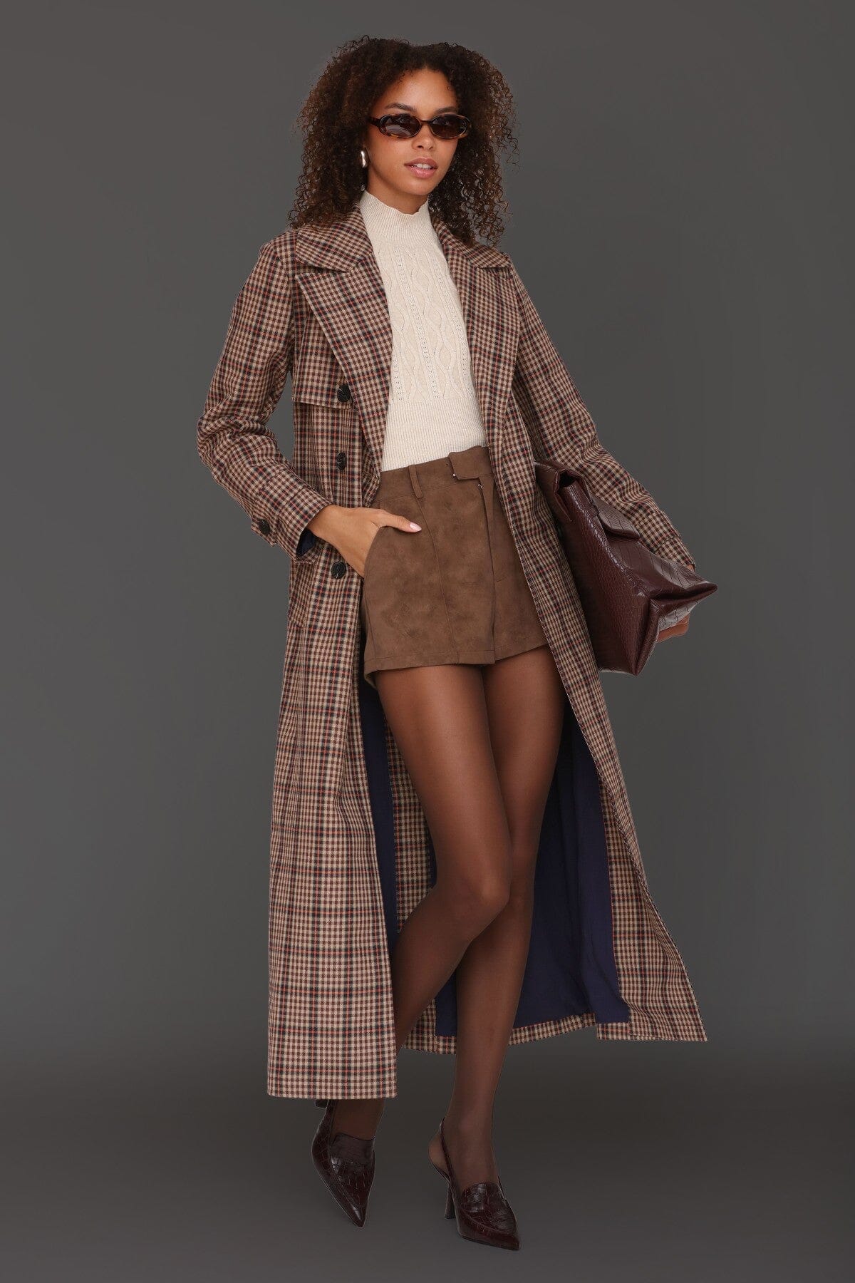 Brown orange plaid belted double-breasted maxi trench coat with self-tie belt and centre-back button - Cute women's trench coats by Avec Les Filles