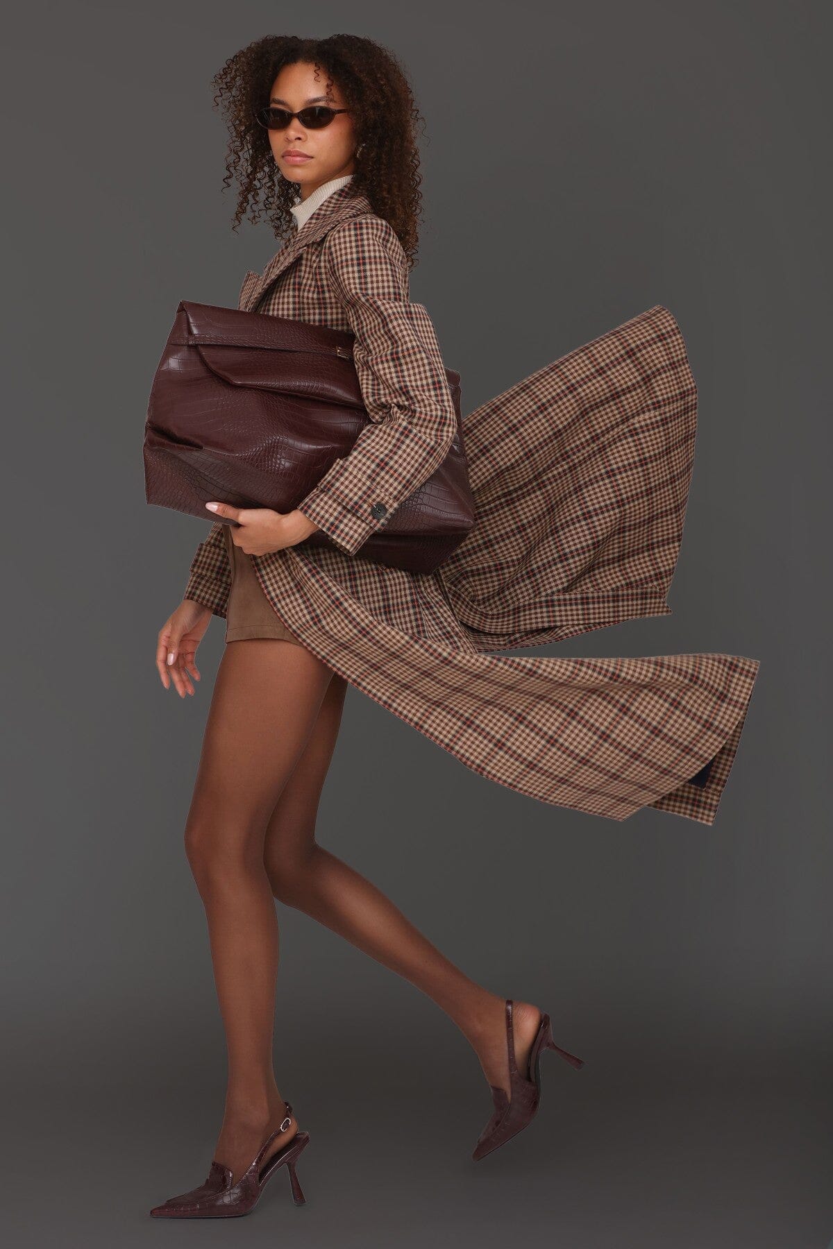 Brown orange plaid belted double-breasted maxi trench coat with self-tie belt and centre-back button - Cute women's trench coats by Avec Les Filles