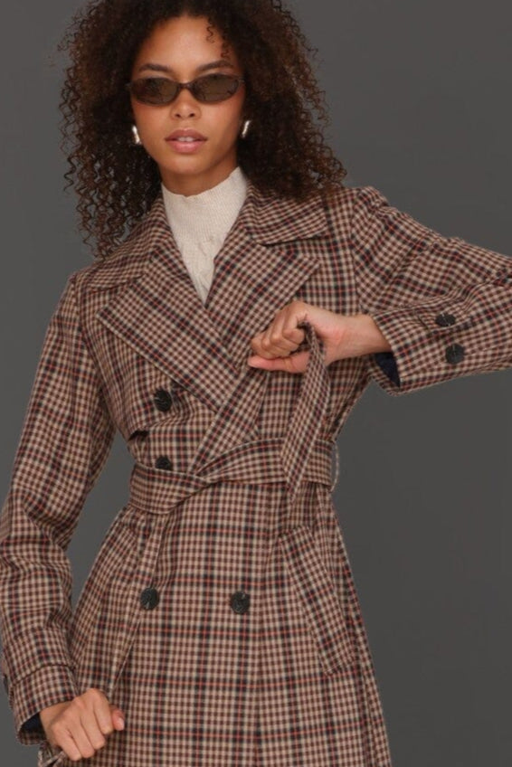 Brown orange plaid belted double-breasted maxi trench coat with self-tie belt and centre-back button - Cute women's trench coats by Avec Les Filles