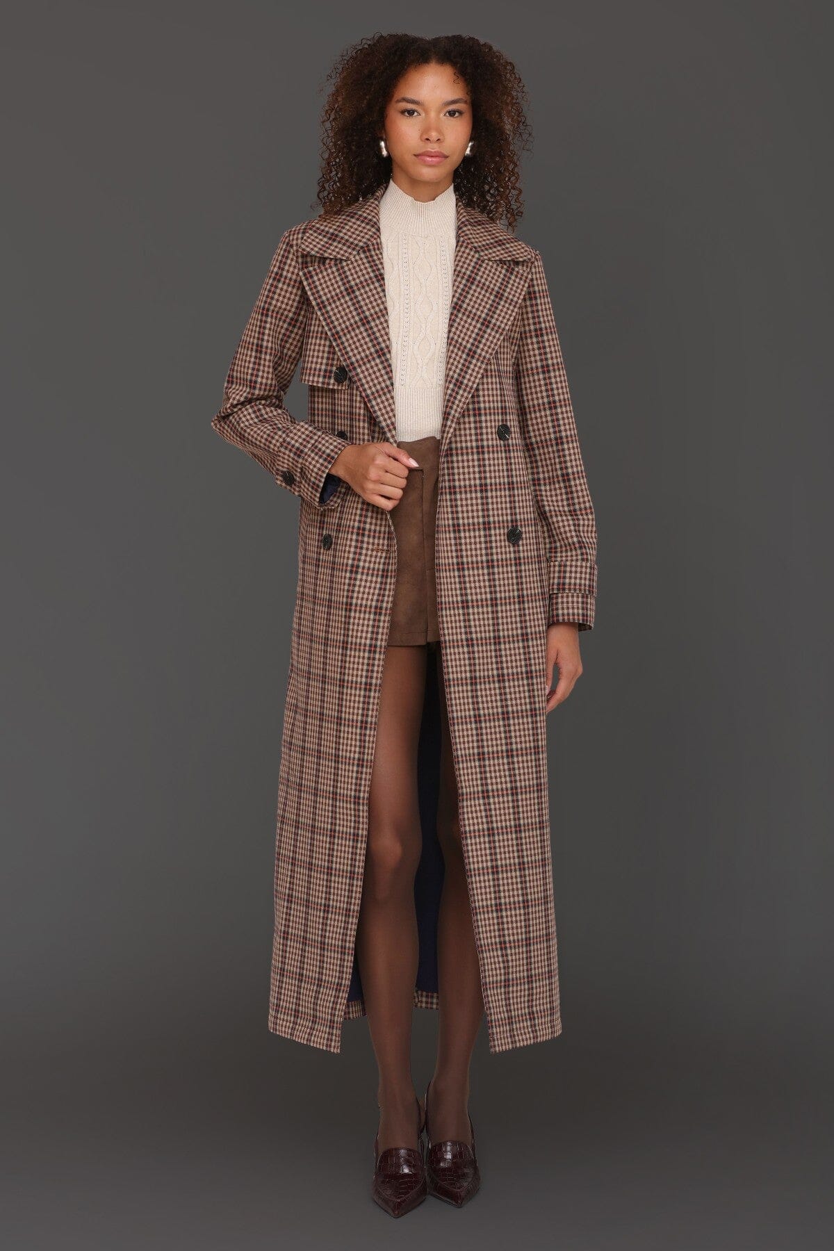 Brown orange plaid belted double-breasted maxi trench coat with self-tie belt and centre-back button - Cute women's trench coats by Avec Les Filles