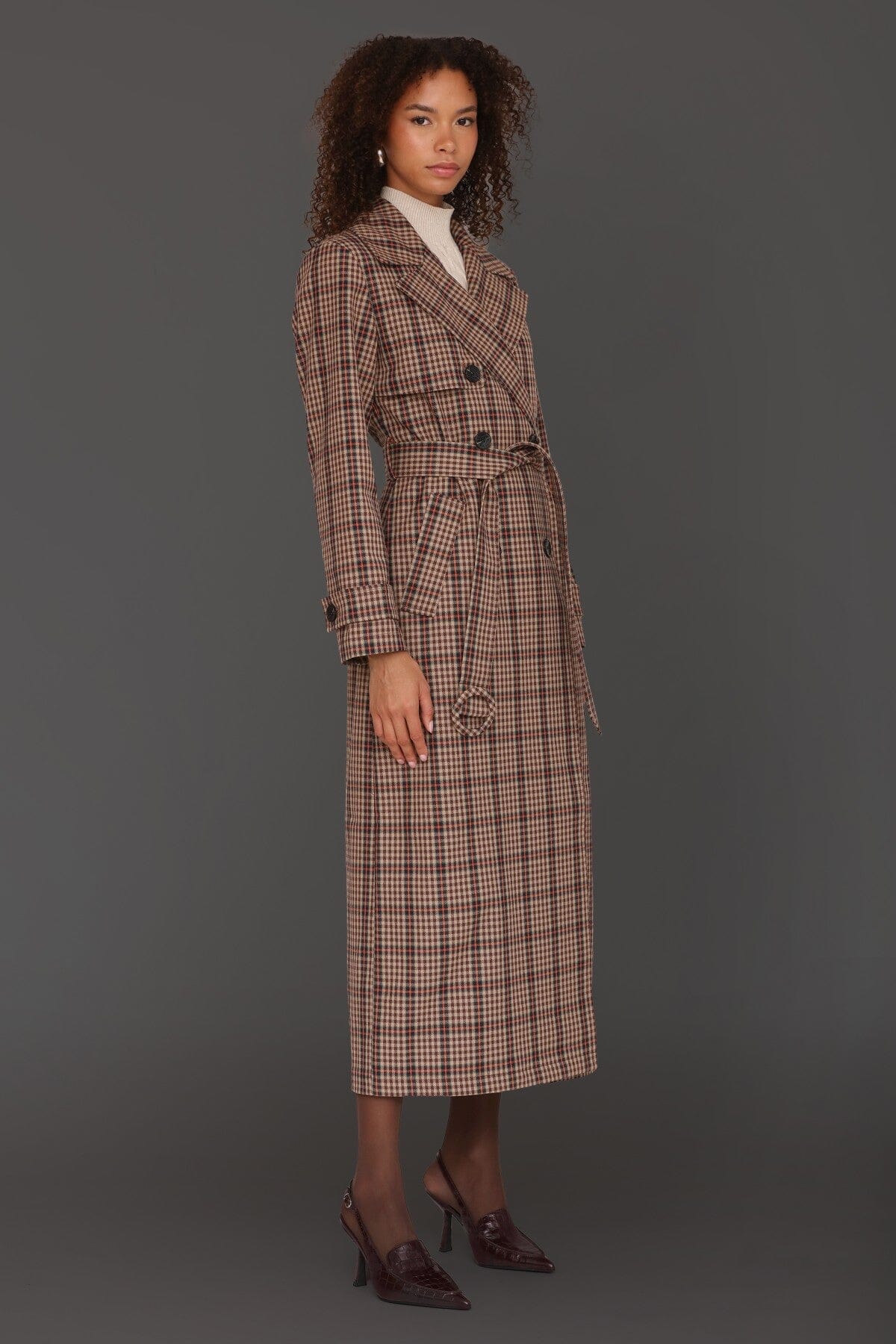 Brown orange plaid belted double-breasted maxi trench coat with self-tie belt and centre-back button - Cute women's trench coats by Avec Les Filles