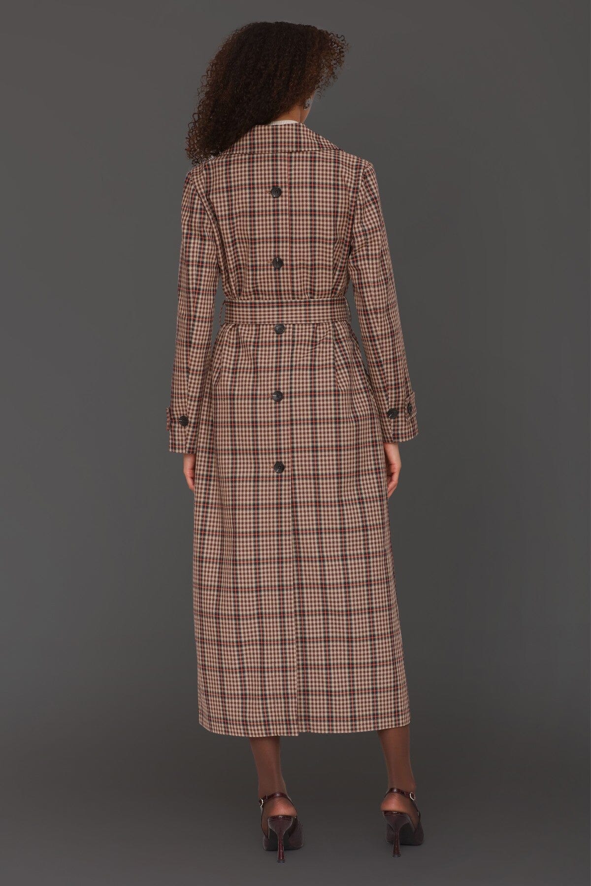Brown orange plaid belted double-breasted maxi trench coat with self-tie belt and centre-back button - Cute women's trench coats by Avec Les Filles