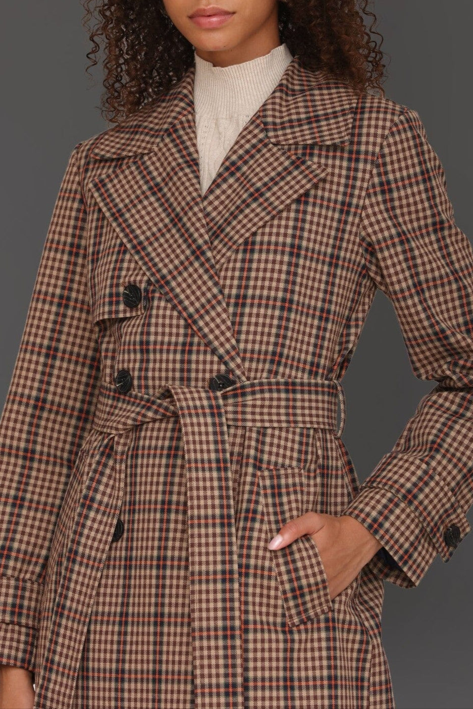 Brown orange plaid belted double-breasted maxi trench coat with self-tie belt and centre-back button - Cute women's trench coats by Avec Les Filles
