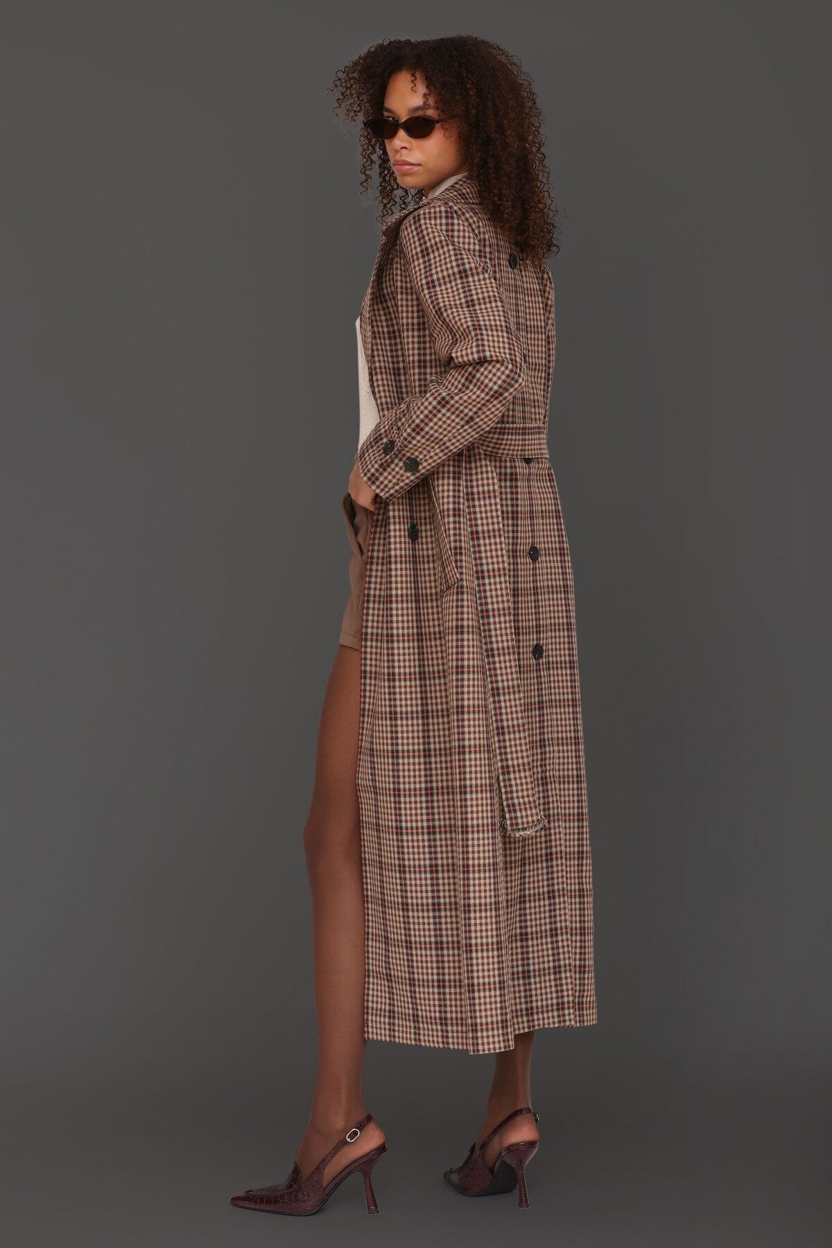 Brown orange plaid belted double-breasted maxi trench coat with self-tie belt and centre-back button - Cute women's trench coats by Avec Les Filles