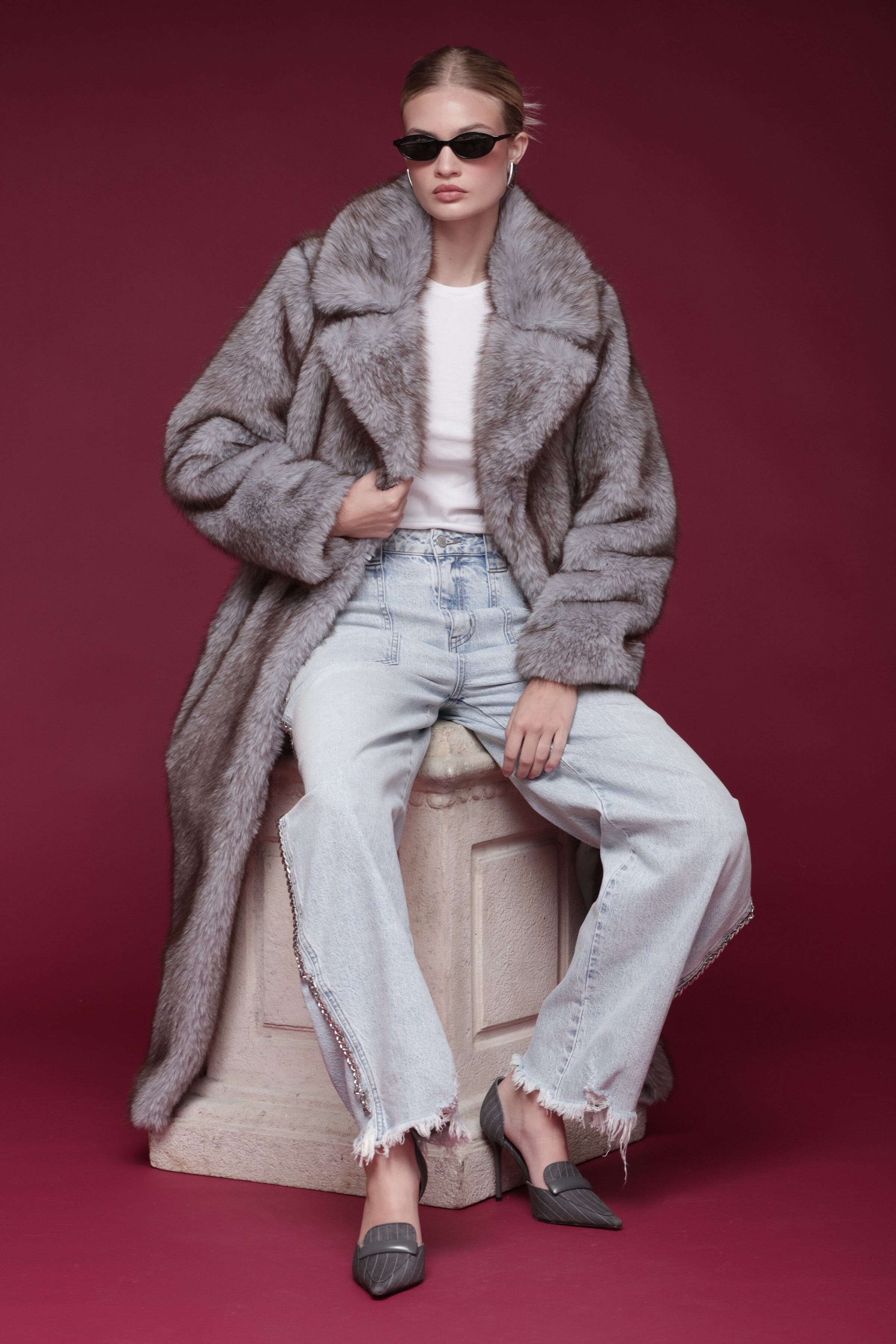 Grey faux fur maxi coat with a wide notched collar, hook-and-eye closure, and side pockets - Shop designer women’s long maxi coats by Avec Les Filles
