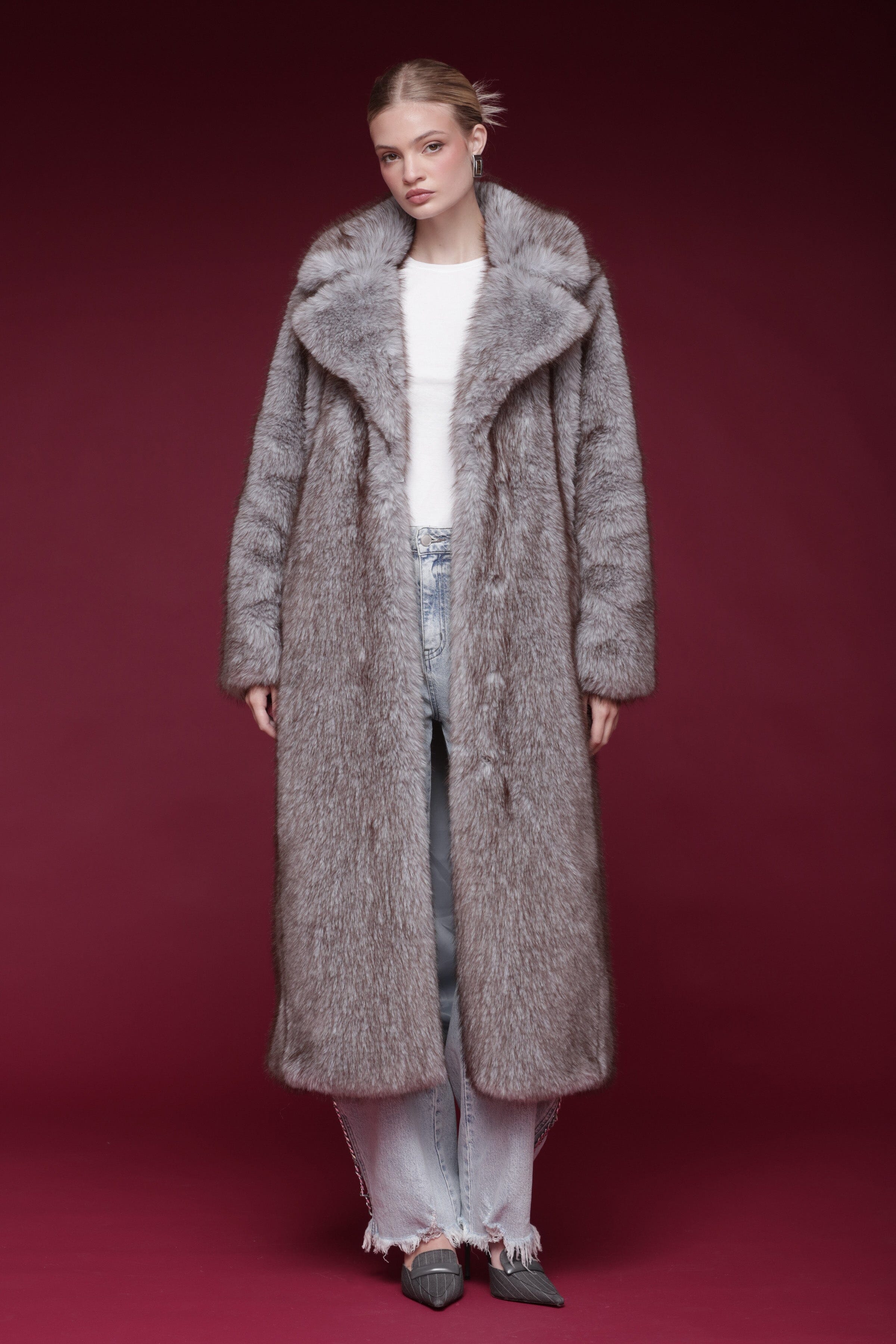 Grey faux fur maxi coat with a wide notched collar, hook-and-eye closure, and side pockets - Shop designer women’s long maxi coats by Avec Les Filles