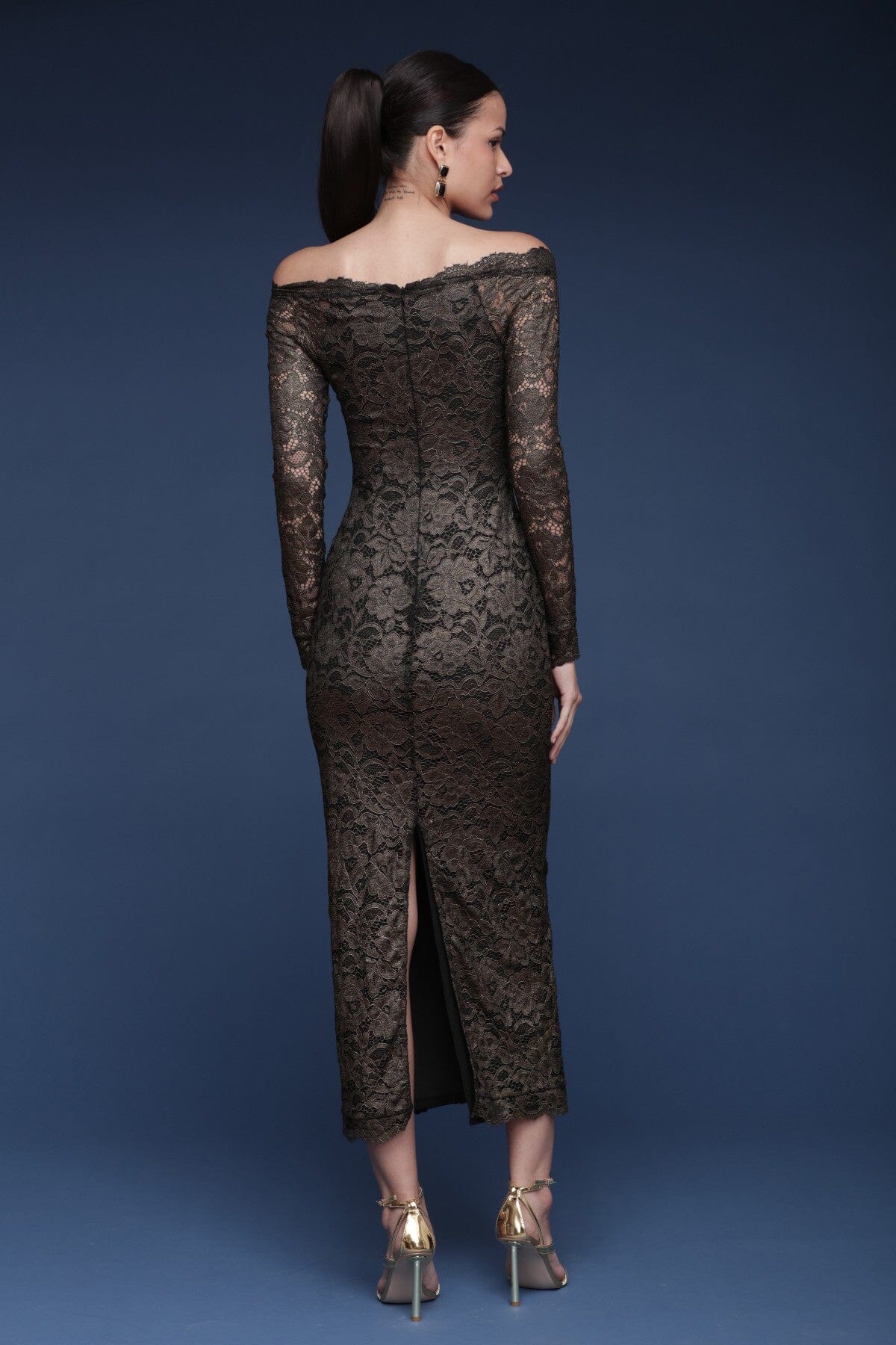 Metallic lace off-shoulder black and gold sheath midi dress with long fitted sleeves and a ruched center bust - Cute women's midi dresses by Avec Les Filles