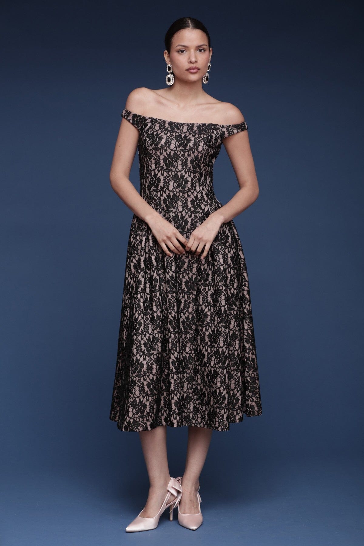 Black lace off-shoulder midi dress with softly flared skirt and seamed waist- Shop cute women's midi dresses by Avec Les Filles