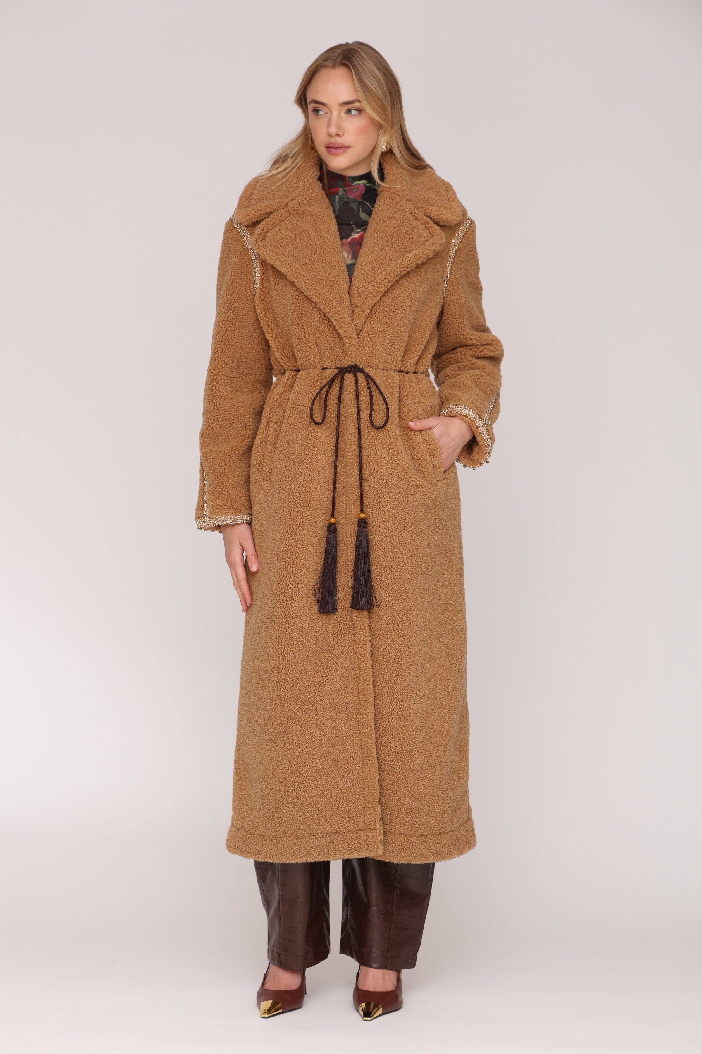 Removable belted camel faux fur maxi coat with side pockets - Shop cute women’s long coats and outerwear by Avec Les Filles