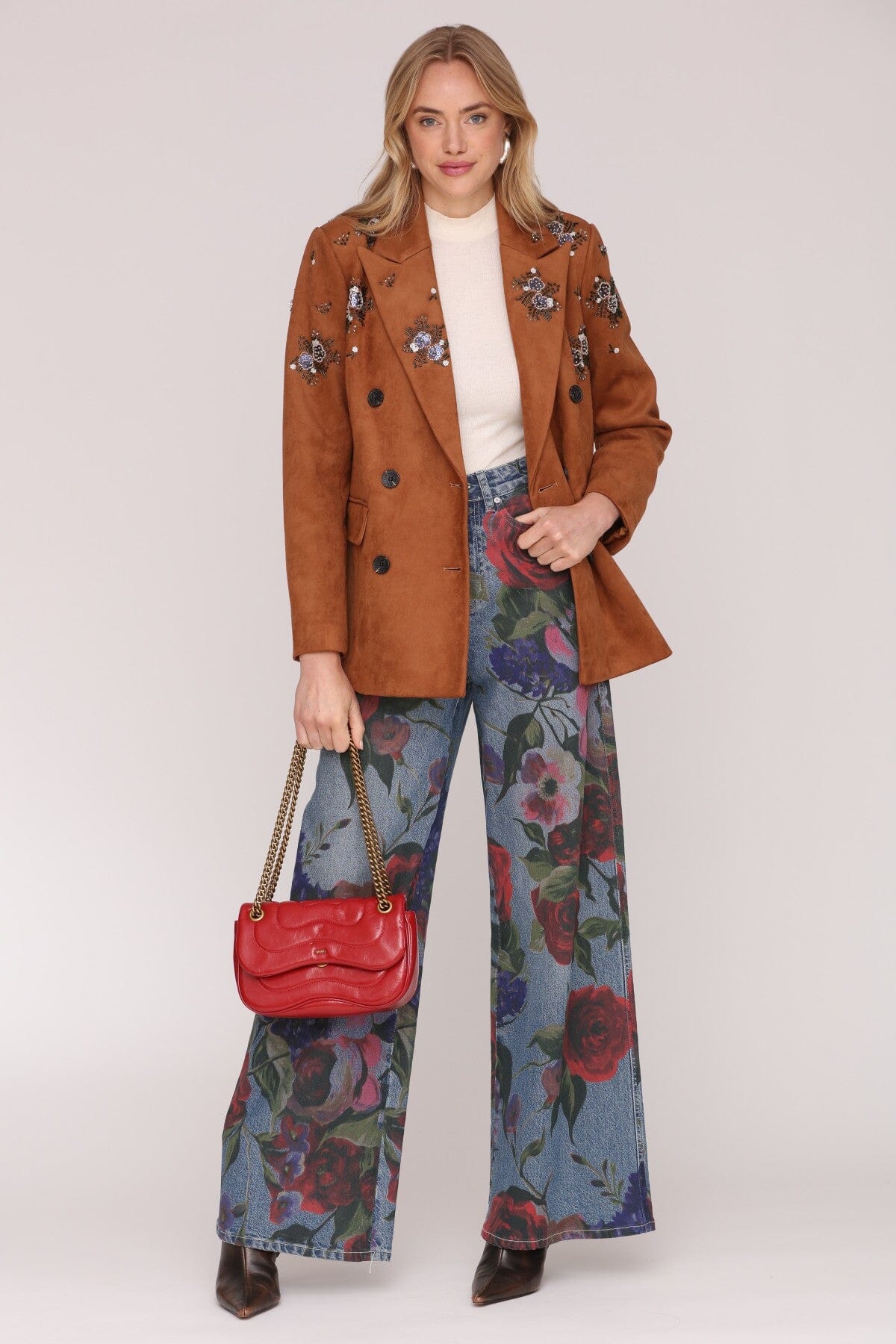 Embellished faux suede double-breasted button front brown blazer jacket with notched collar and flap pockets - Shop cute women's blazers by Avec Les Filles