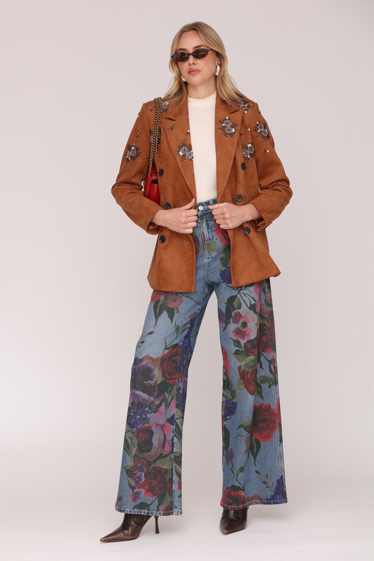 Embellished faux suede double-breasted button front brown blazer jacket with notched collar and flap pockets - Shop cute women's blazers by Avec Les Filles