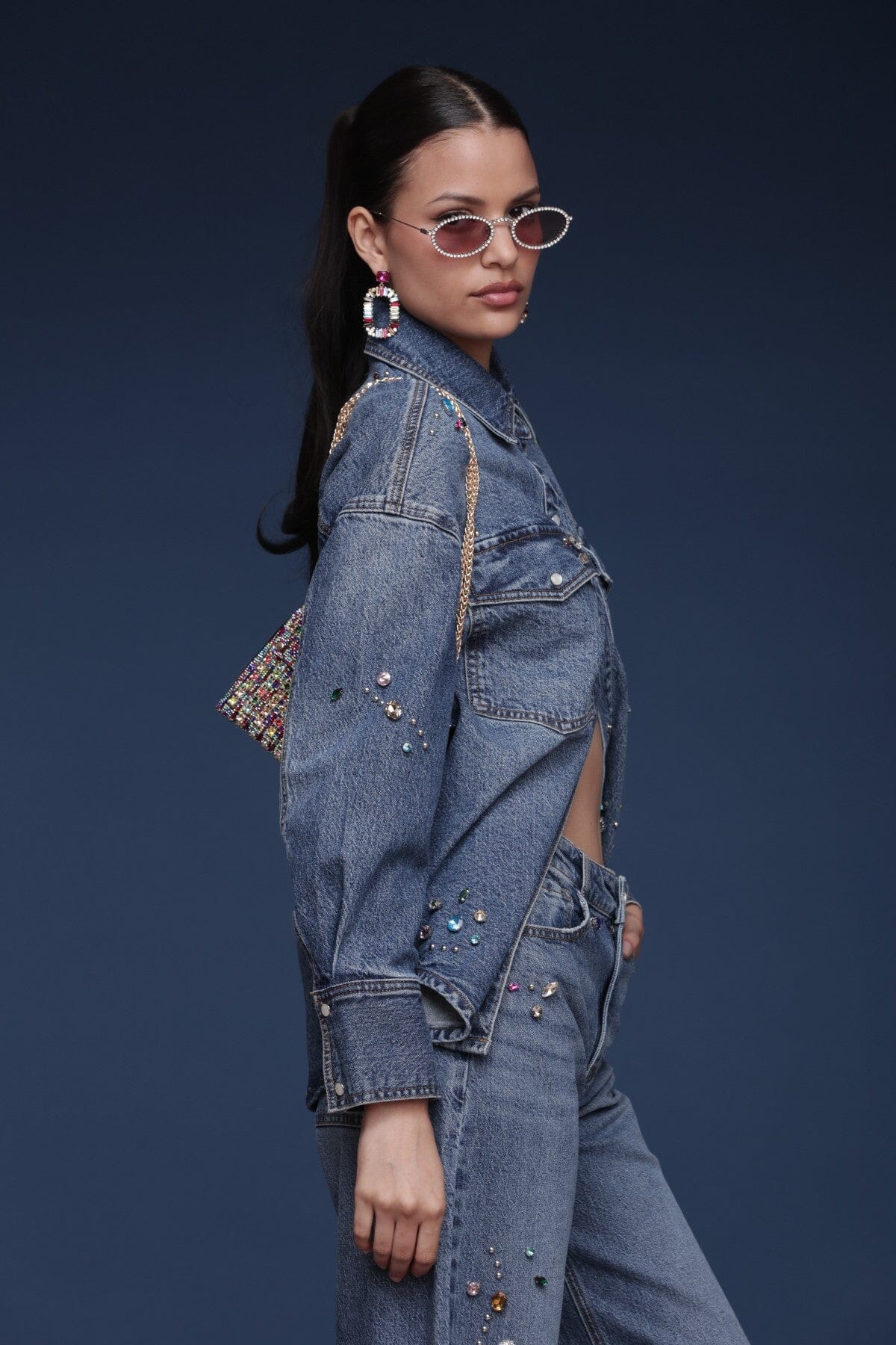 Bejeweled denim cotton-blend blue shirt with jewel embellishments, a relaxed fit, long sleeves and a pointed collar - Shop women’s shirts by Avec Les Filles