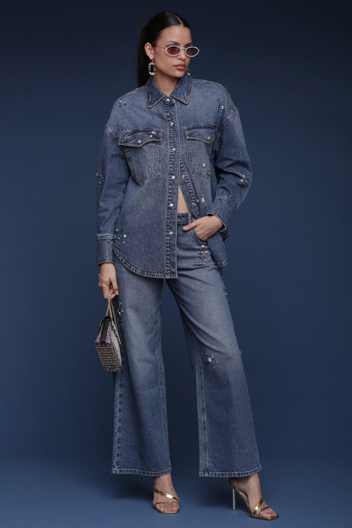 Bejeweled denim cotton-blend blue shirt with jewel embellishments, a relaxed fit, long sleeves and a pointed collar - Shop women’s shirts by Avec Les Filles