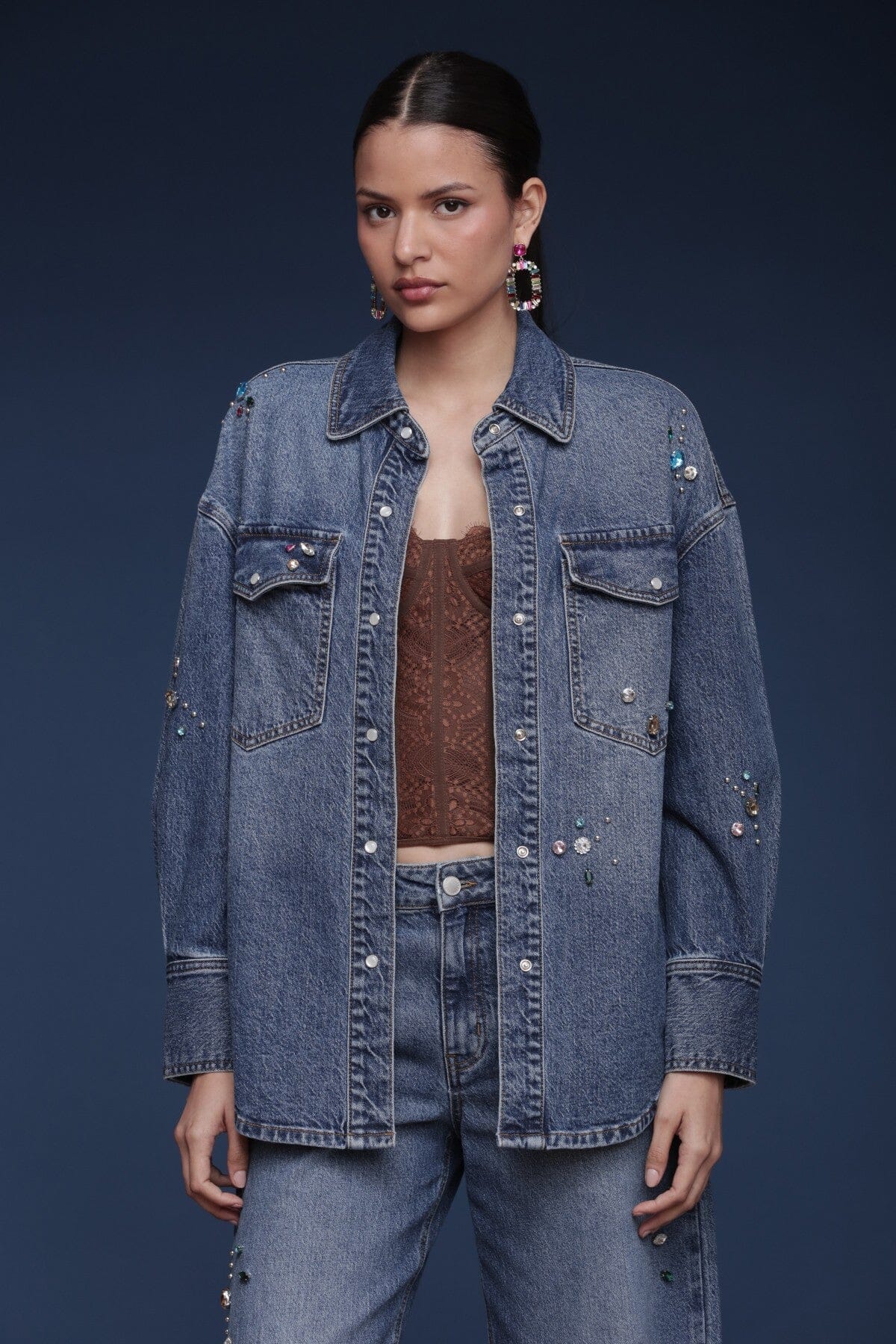 Bejeweled denim cotton-blend blue shirt with jewel embellishments, a relaxed fit, long sleeves and a pointed collar - Shop women’s shirts by Avec Les Filles