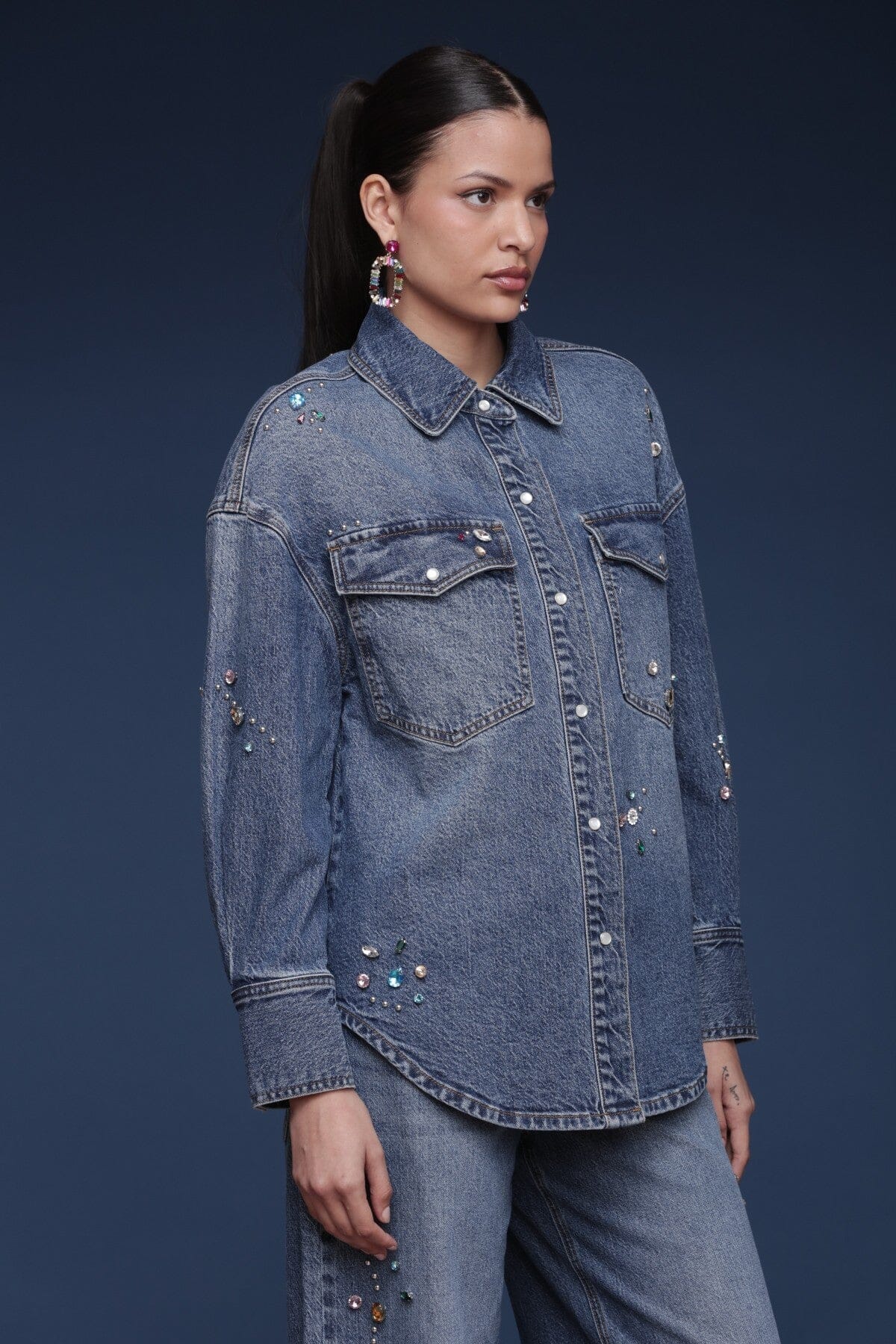Bejeweled Cotton-Blend Blue Denim Shirt