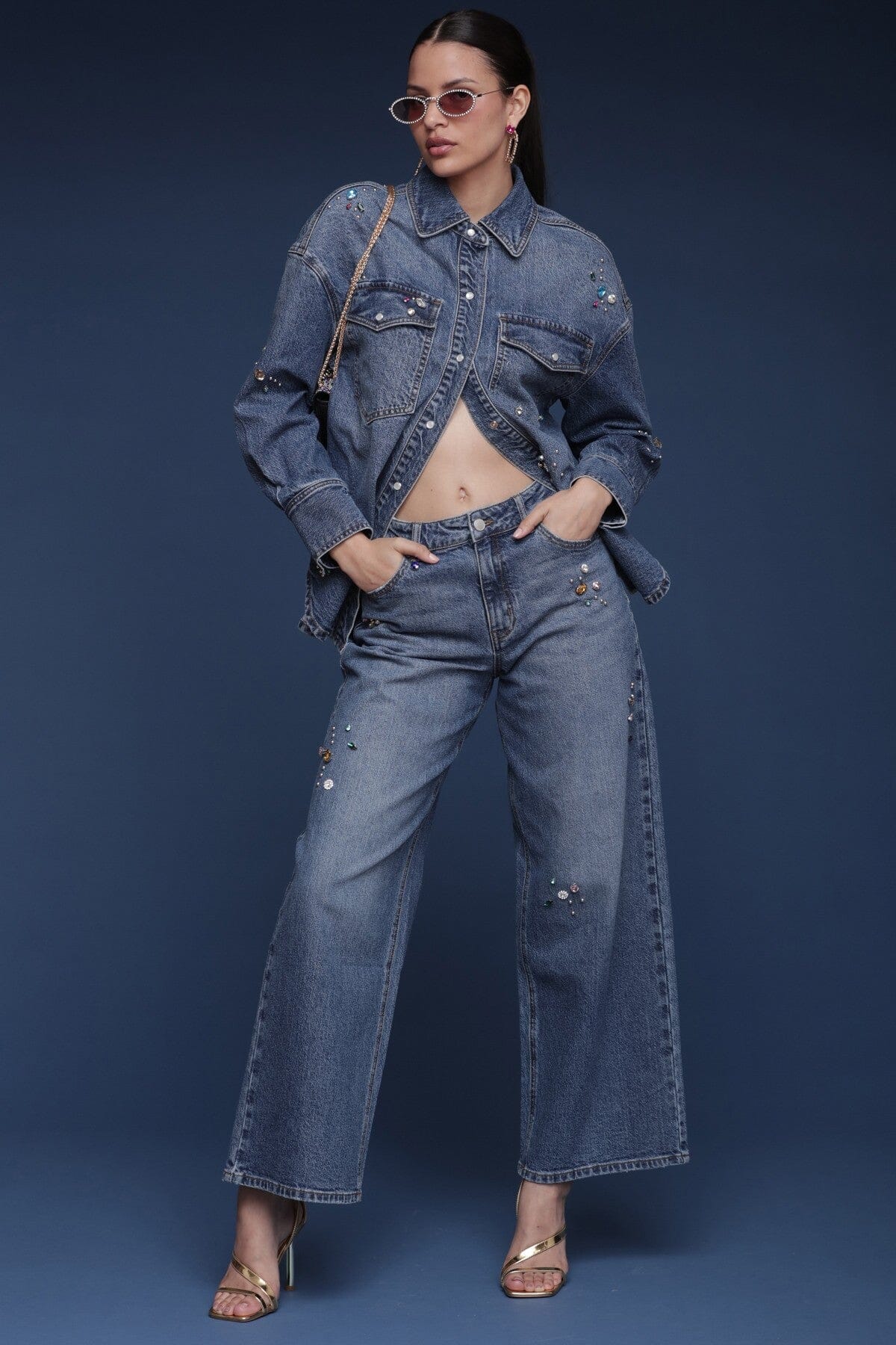 Bejeweled high-rise wide-leg blue jeans in a cotton-blend denim with allover jewel embellishments and five-pocket - Shop designer women’s jeans by Avec Les Filles