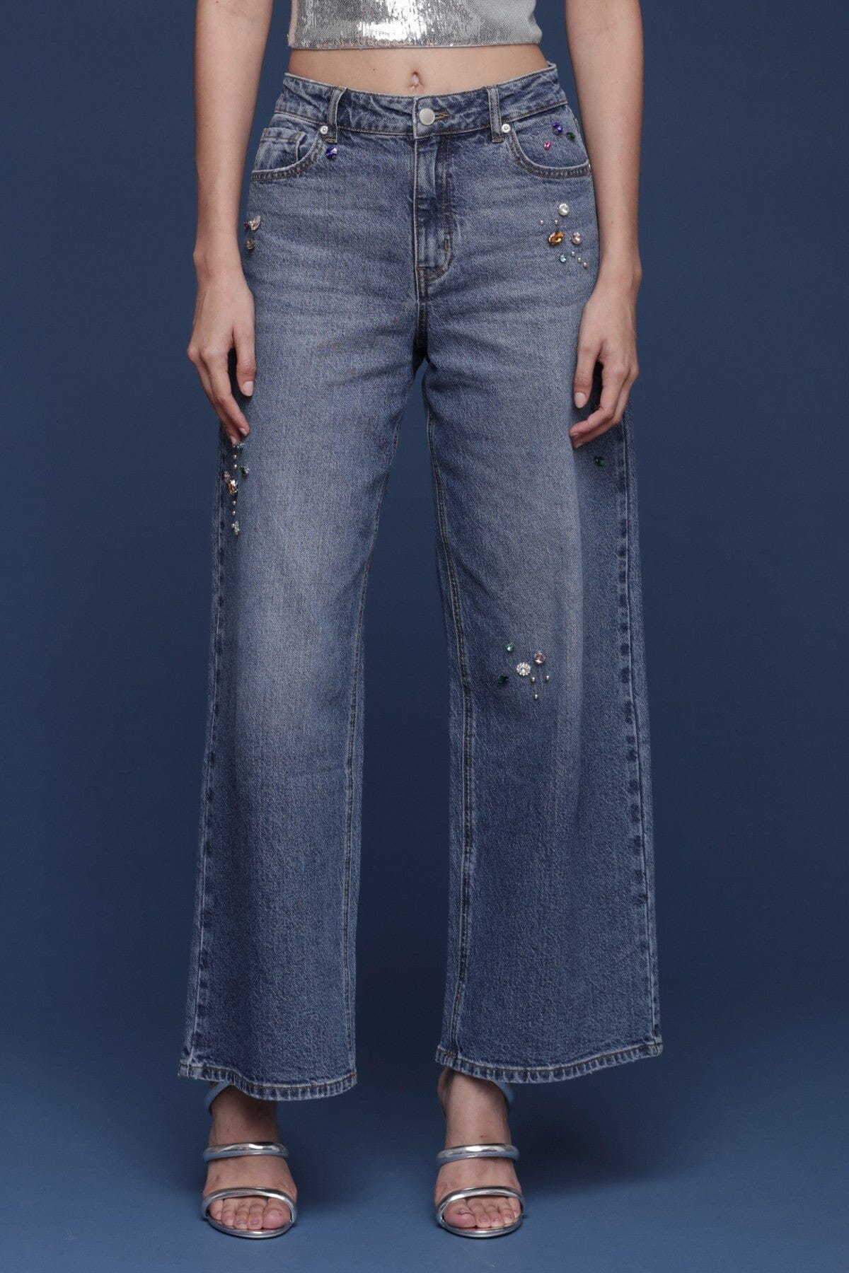 Bejeweled high-rise wide-leg blue jeans in a cotton-blend denim with allover jewel embellishments and five-pocket - Shop designer women’s jeans by Avec Les Filles