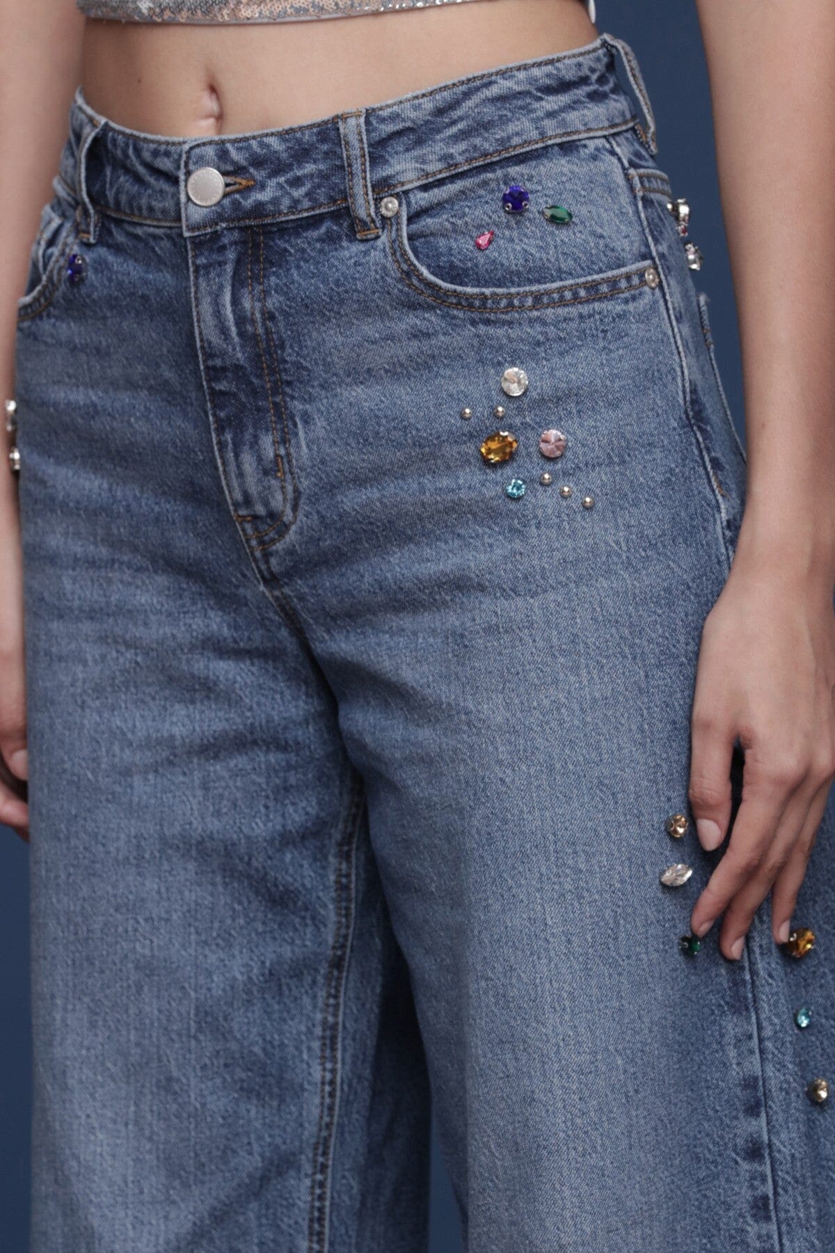 Bejeweled high-rise wide-leg blue jeans in a cotton-blend denim with allover jewel embellishments and five-pocket - Shop designer women’s jeans by Avec Les Filles