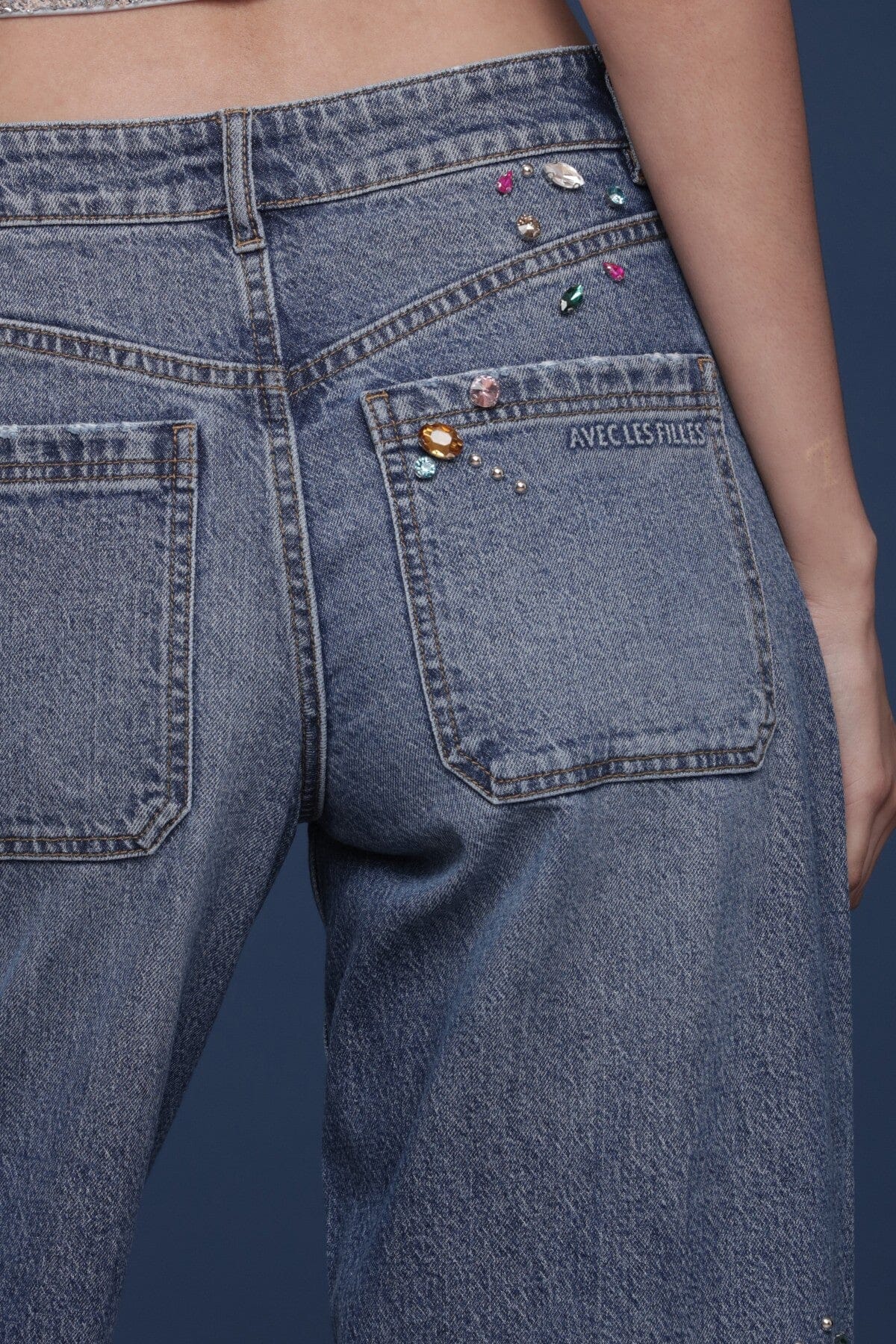 Bejeweled high-rise wide-leg blue jeans in a cotton-blend denim with allover jewel embellishments and five-pocket - Shop designer women’s jeans by Avec Les Filles