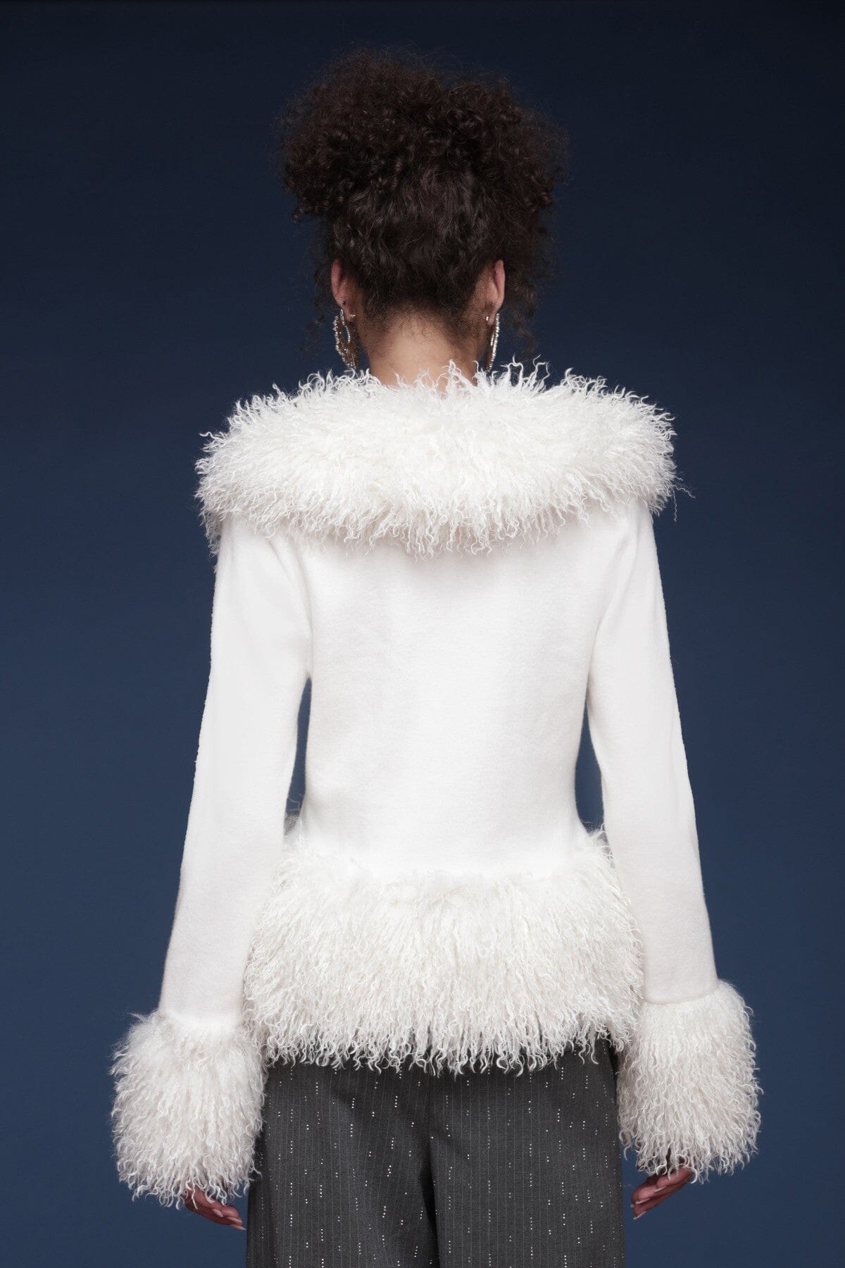 Plush faux fur-trimmed ivory cardigan with long sleeves and soft knit body - Shop designer women's cardigans by Avec Les Filles