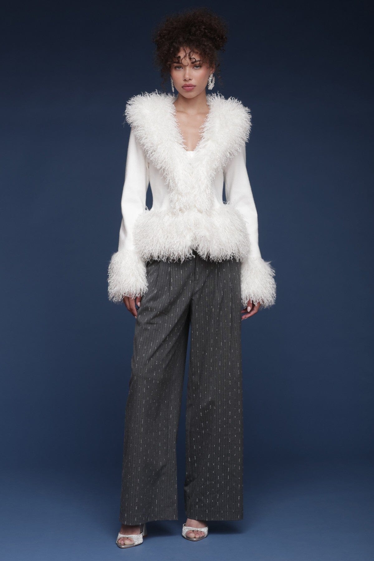 Plush faux fur-trimmed ivory cardigan with long sleeves and soft knit body - Shop designer women's cardigans by Avec Les Filles