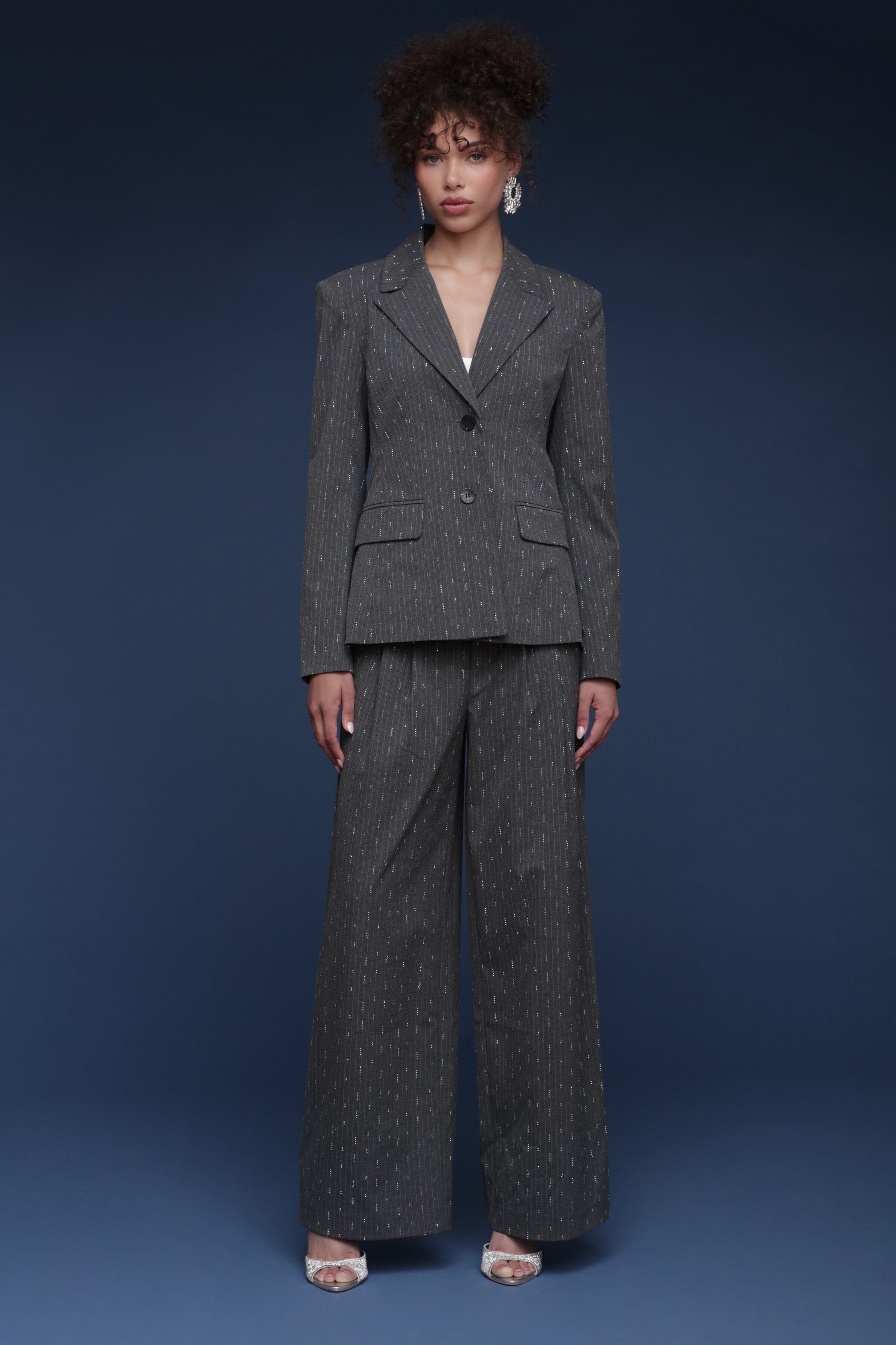 Crystal grey pinstripe tailored button-front blazer with notched lapels and long sleeves - Shop designer women's blazers by Avec Les Filles