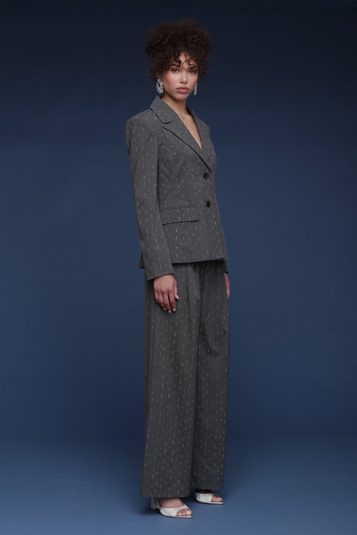 Crystal grey pinstripe tailored button-front blazer with notched lapels and long sleeves - Shop designer women's blazers by Avec Les Filles