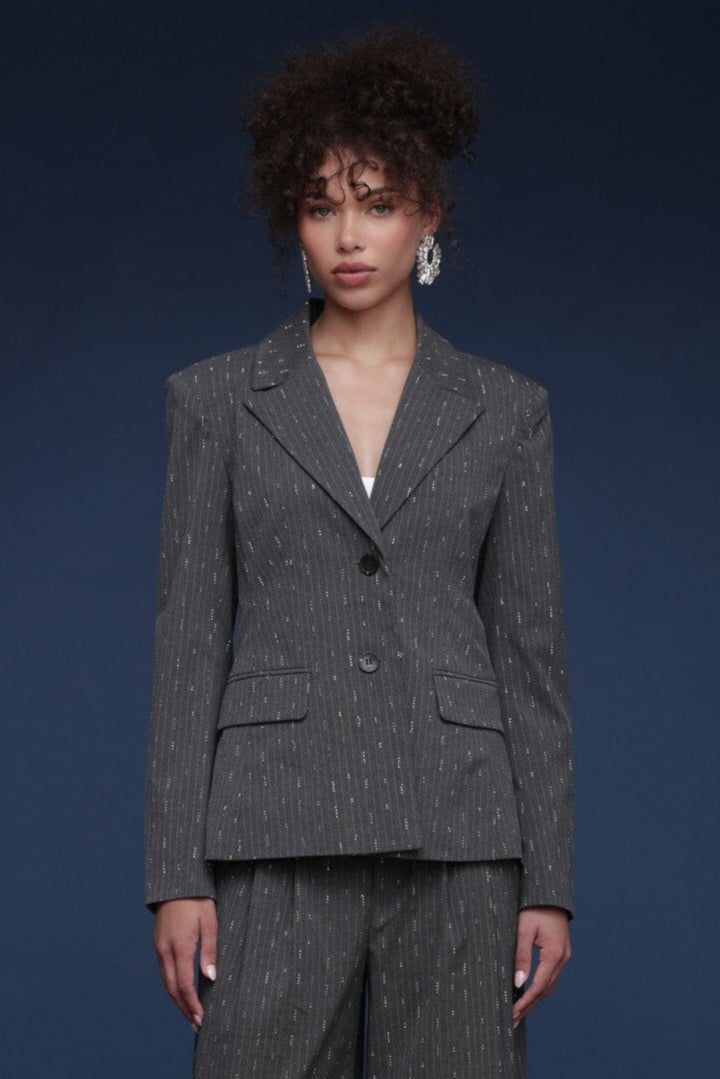 Crystal grey pinstripe tailored button-front blazer with notched lapels and long sleeves - Shop designer women's blazers by Avec Les Filles